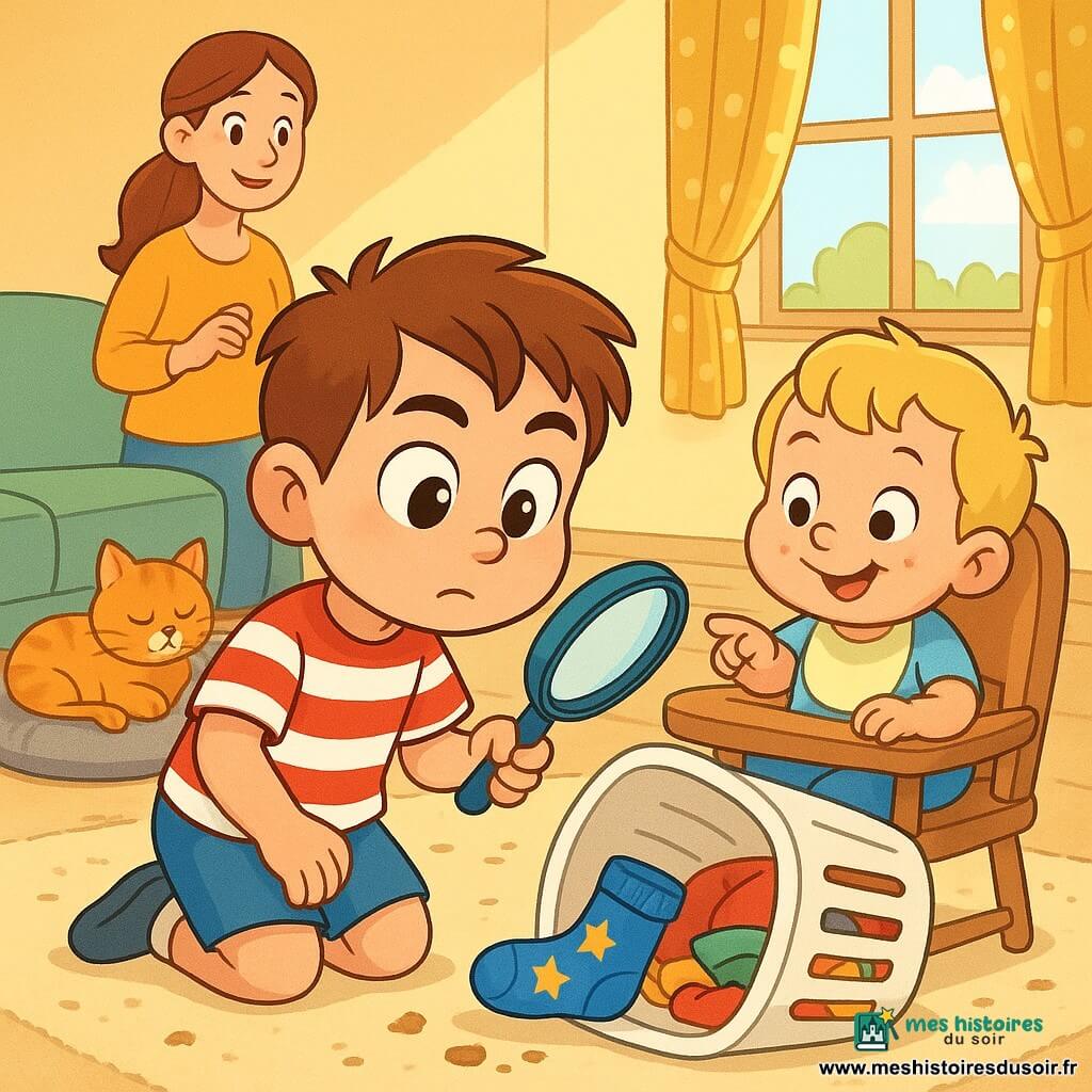 Léo, 4 ans, fier et concentré, cheveux châtain courts en bataille, tient une loupe et penche son visage vers un panier à linge où apparaît une chaussette bleue à étoiles jaunes; Hugo, ~2 ans, joufflu, cheveux blonds, miettes de biscuit au menton, est assis dans une chaise haute à droite en souriant et en pointant le panier; la chatte rousse Mitaine dort sur un coussin gris, la mère d'une trentaine d'années, cheveux longs attachés, sourit en arrière-plan près de la table de cuisine en tenant un biscuit. Salon-cuisine ensoleillé, tapis crème tâché de chocolat, canapé vert pastel, panier blanc renversé avec vêtements colorés et jouets, lumière chaude du matin à travers un rideau à pois; une piste de miettes mène de la chaise haute au panier. Ambiance joyeuse et curieuse, couleurs vives, traits doux et contours arrondis, style illustratif années 90, composition centrée sur les visages expressifs et la chaussette visible.