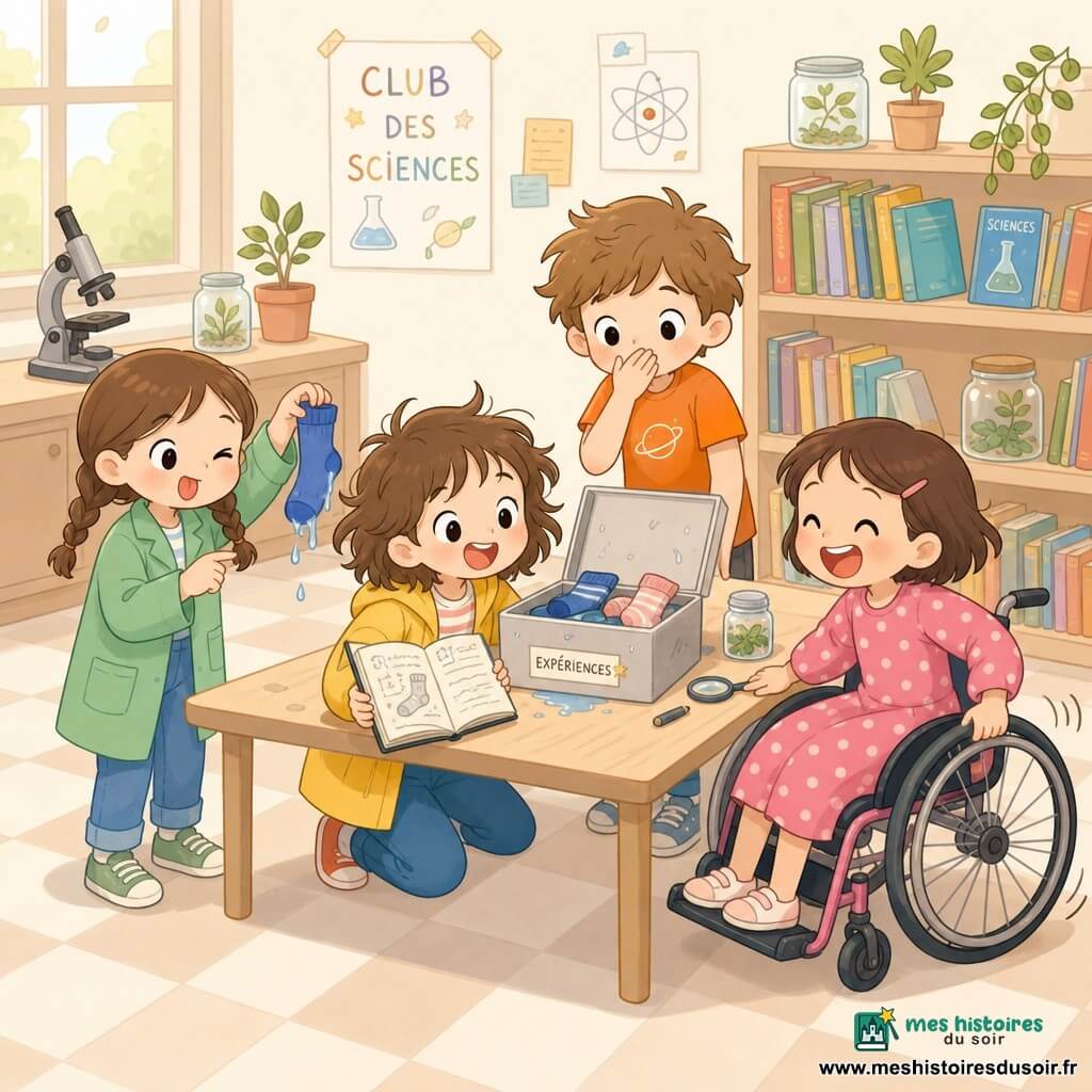 Quatre enfants dans une petite salle de club de sciences : Zoé, 9 ans, cheveux bruns en bataille, veste jaune, accroupie et tenant un carnet devant une boîte à expériences ; Mila, 9 ans, cheveux tressés, blouse verte, debout à gauche et montrant une chaussette bleue mouillée en faisant une grimace ; Lina, 9 ans, en fauteuil roulant, cheveux courts, robe rose à pois, à droite de la table en riant et en faisant tourner ses roues ; Yanis, 7 ans, cheveux en bataille, t-shirt orange, un peu gêné, derrière la table la main sur la bouche près d'une boîte ouverte avec des chaussettes empilées ; ambiance chaleureuse et ludique, table en bois, microscope, bocaux de plantes, étagères de livres, lumière douce.