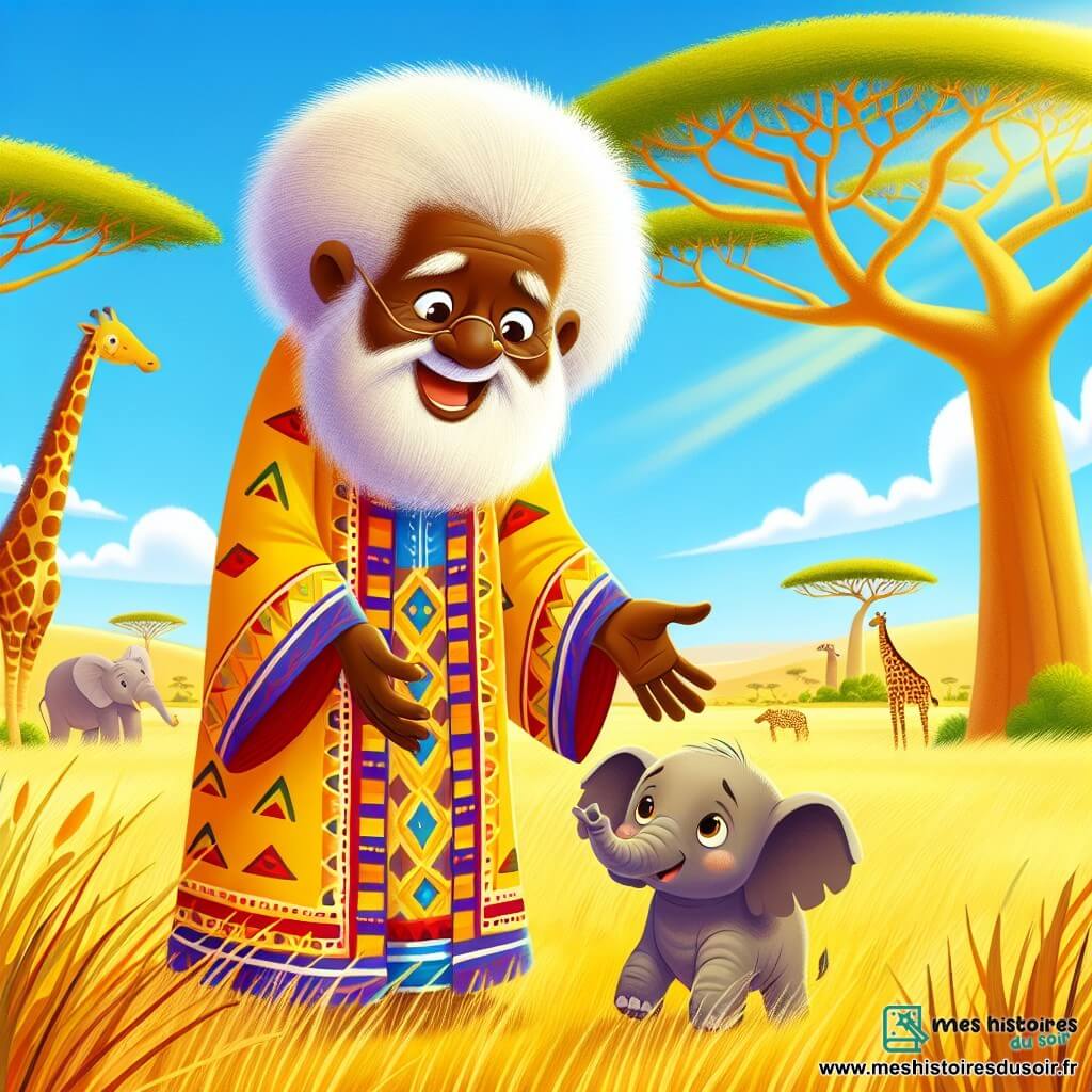 Un homme âgé, Papa Kouma, souriant et vêtu d'une tunique colorée, se tient dans la savane, les bras ouverts pour réconforter un petit éléphant triste. Ce dernier, les larmes aux yeux, regarde Papa Kouma avec espoir. La scène se déroule dans une savane dorée, sous un ciel bleu éclatant, où ils cherchent la famille de l'éléphant, entourés d'animaux curieux comme des girafes et des singes.
