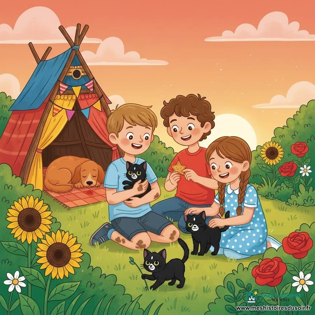 Trois enfants d'environ 8 ans réunis devant leur cabane secrète au coucher du soleil : Lucas, châtain clair, souriant, tient contre sa poitrine un petit chaton noir à tache blanche sur le nez ; Max, brun bouclé en t‑shirt rouge, offre un biscuit en forme d'étoile ; Lila, cheveux longs tressés, robe à pois bleu clair, s'agenouille pour caresser le chaton. Le chaton Noisette joue avec une tige d'herbe au premier plan, la chienne Roxy, roux, dort sur une couverture près de la cabane en bois ornée de guirlandes de fanions. Jardin foisonnant de pelouse verte, grandes fleurs colorées et buissons, ciel orangé avec nuages roses, ambiance chaleureuse et lumière douce, rendu clair et lisible pour un livre jeunesse.