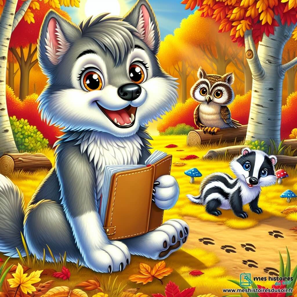 Illustration d'un jeune loup au pelage gris et aux yeux curieux, souriant tout en tenant un carnet. Il est assis sur un tapis de feuilles dorées, entouré de couleurs chaudes d'automne. À proximité, une petite chouette brune, avec des yeux sages, observe le loup avec émerveillement, perchée sur une branche. Un blaireau rayé noir et blanc, sérieux mais amical, examine des traces d'animaux près du loup. La scène se déroule dans une clairière ensoleillée, avec des arbres aux feuilles flamboyantes et des champignons colorés. Le loup et ses amis découvrent les merveilles de l'automne, notant leurs observations. Des guirlandes de feuilles, des lanternes en forme de citrouille et un ciel bleu parsemé de nuages ajoutent à l'atmosphère chaleureuse.