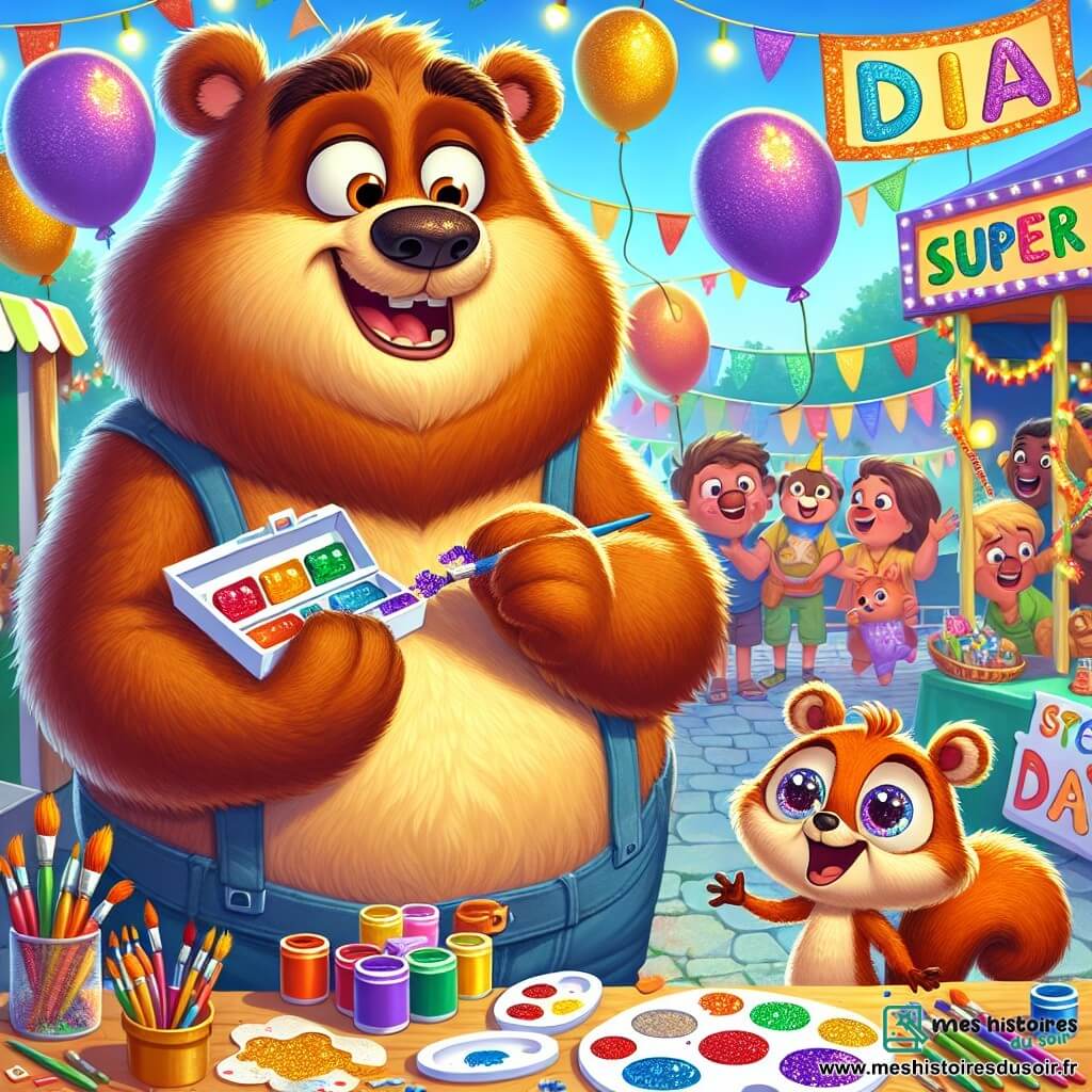 Oscar l’ours, un grand ours brun aux poils ébouriffés, exprime excitation et inquiétude. Il est devant un stand de bricolage, tenant une boîte de peinture colorée. À ses côtés, un petit écureuil souriant, portant un chapeau de fête, l'encourage à créer un cadeau pour son papa. Le lieu est animé, décoré de ballons et de guirlandes, avec des familles joyeuses autour de stands de jeux. Oscar peint un grand panneau « Super Papa » avec des couleurs vives, tandis que l’écureuil l’encourage, créant une atmosphère festive.
