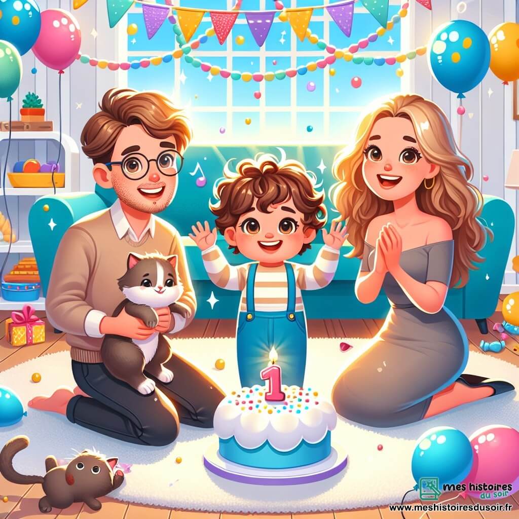 Un petit garçon de 1 an, Petit Louis, aux cheveux bruns et bouclés, sourit largement, les mains levées, entouré de ballons colorés. Sa maman, une femme d'environ 30 ans aux cheveux longs et blonds, sourit en tenant un gâteau en forme de nuage. Son papa, également d'environ 30 ans, avec une barbe courte et des lunettes, chante joyeusement en tenant un petit chat gris qui joue avec un ruban. La scène se déroule dans un salon lumineux et coloré, décoré de guirlandes et de ballons, avec des rayons de soleil filtrant à travers les fenêtres. Petit Louis célèbre son anniversaire, entouré de sa famille, créant une atmosphère joyeuse et festive.