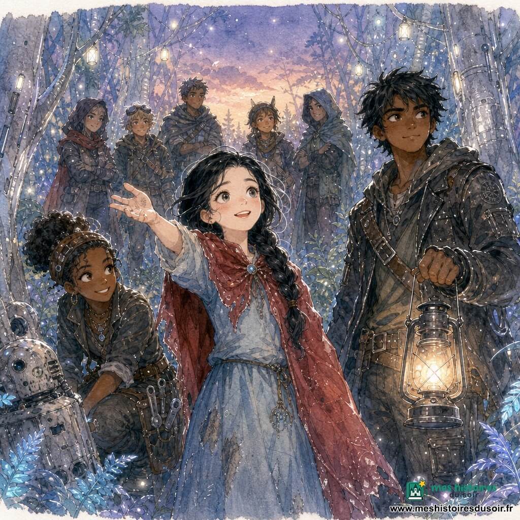 Blanche-Neige, jeune fille à la peau très claire et aux longs cheveux noirs tressés, regarde l'horizon en souriant, vêtue d'une robe bleu pâle tachée et d'une cape rouge froissée, la main tendue vers les autres; à sa droite un jeune rebelle d'environ 18 ans en veste de cuir usée tient une lanterne à huile pour la protéger; à gauche une rebelle d'environ 16 ans, accroupie près d'un tronc, porte des outils à la ceinture et sourit malicieusement; en arrière-plan cinq silhouettes de rebelles forment un demi-cercle, vigilantes et amicales; la scène se déroule dans une clairière forestière futuriste aux troncs argentés, fougères luminescentes et petites lanternes suspendues, un robot domestique cassé appuyé contre une souche; crépuscule aux couleurs pastel, lumière douce et reflets au stylo blanc, ambiance d'espoir et d'aventure.