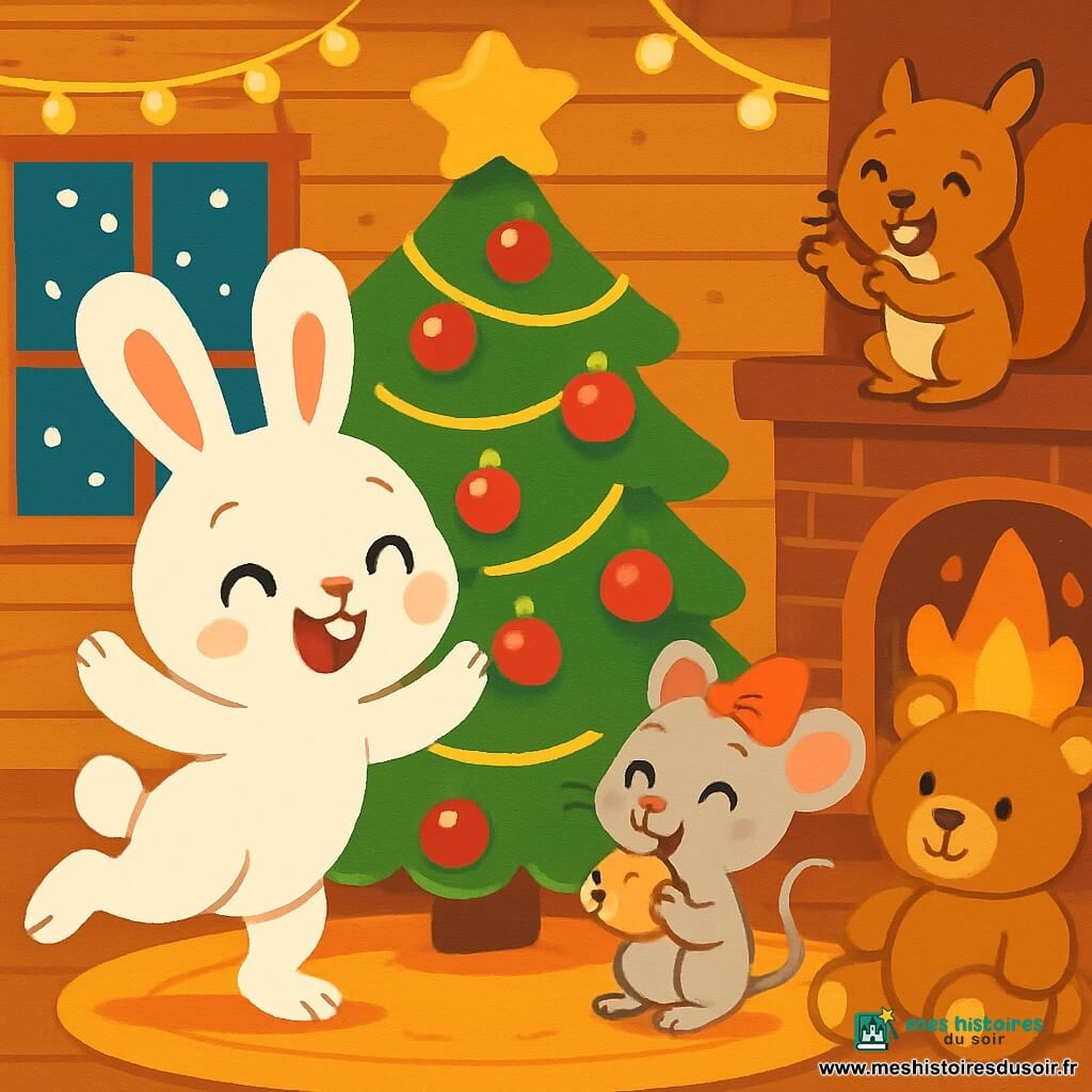 Un petit lapin blanc nommé Lili, aux grandes oreilles et aux yeux pétillants, danse autour d'un sapin de Noël décoré de boules rouges et de guirlandes dorées, souriant avec ses pattes levées. À côté, une petite souris grise avec un nœud rouge tient un biscuit et admire Lili. Un écureuil brun applaudit depuis une branche, tandis qu'un ourson en peluche s'assoit sur le tapis, les yeux brillants. La scène se déroule dans une maison en bois chaleureuse, avec un feu dans la cheminée et des flocons de neige à l'extérieur. Lili et ses amis célèbrent la magie de Noël, dansant et chantant autour du sapin, remplis de joie et d'amitié.