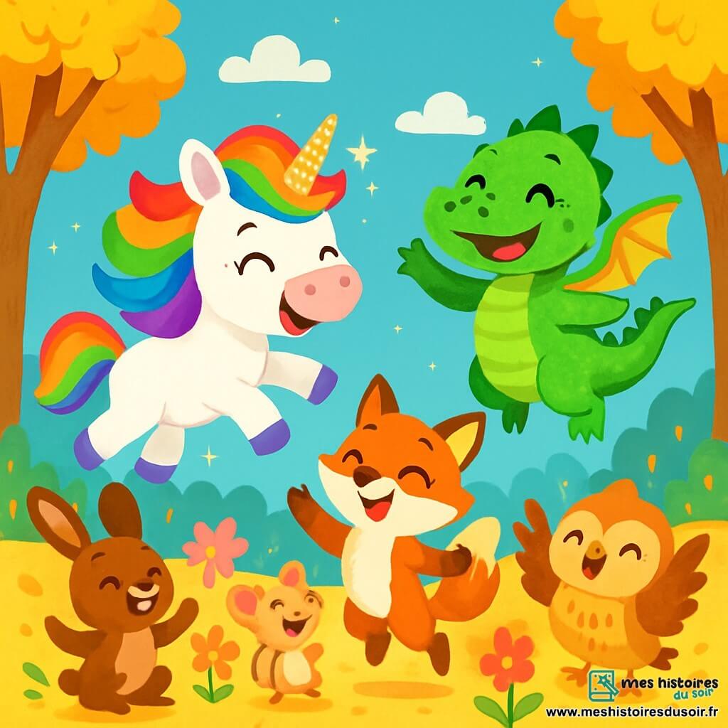 Une petite licorne aux couleurs de l'arc-en-ciel, avec une crinière brillante et une corne scintillante, vole joyeusement dans le ciel bleu, son visage rayonnant de bonheur. À côté d'elle, un petit dragon vert aux écailles étincelantes bat des ailes avec enthousiasme, flottant légèrement au-dessus du sol. La scène se déroule dans une clairière magique, entourée d'arbres dorés et de fleurs multicolores. Le sol est recouvert de feuilles dorées et de pétales brillants. La licorne et le dragon célèbrent le premier vol de Toudou, entourés de leurs amis animaux qui applaudissent et dansent, remplissant l'air de joie.