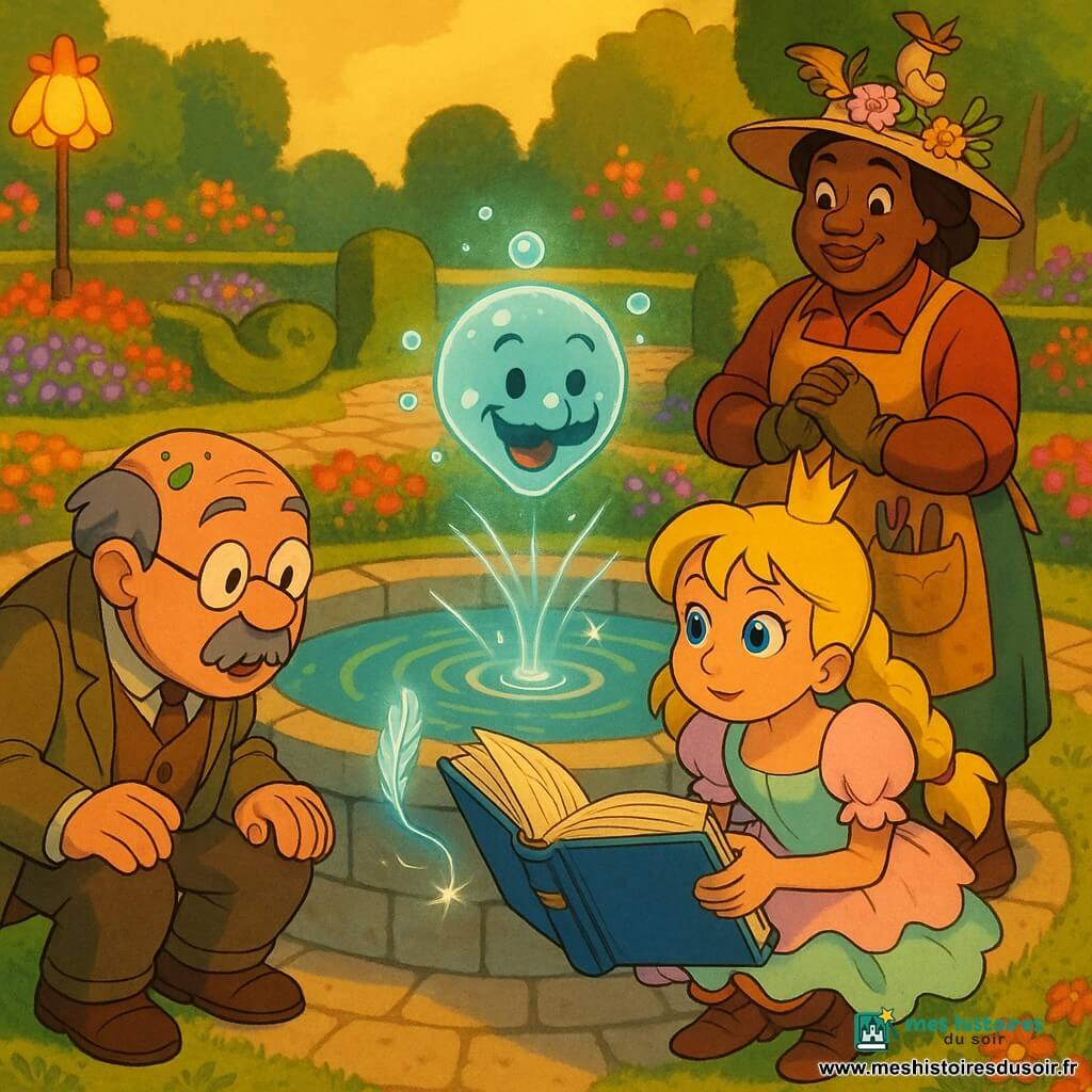 Princesse Mirabelle, accroupie au bord d’une fontaine en pierre, sourit doucement, tresses blondes, petite couronne dorée de travers, robe pastel à volants et bottines, tenant un grand grimoire bleu épais sur les genoux; Maître Pommier, homme d’environ 60 ans au visage rond, moustache grisonnante et lunettes ovales, vêtu comme un bibliothécaire poussiéreux avec confettis verts sur la tête, est assis à gauche, penché et étonné en regardant le grimoire; Dame Capucine, femme d’environ 45 ans avec chapeau fleuri et petit nid, gants terreux et tablier à outils, se tient debout derrière la princesse, mains jointes, amusée; au centre de la fontaine apparaît l’Esprit du Rire, bulle d’eau moustachue et scintillante aux yeux malicieux entourée de petites bulles et de remous lumineux; le grimoire est ouvert, pages flottantes et fermoir argenté brillant, une plume magique s’échappant en spirale; le Jardin des Simples forme un cercle de parterres colorés, haies souriantes, allée pavée, lampes en fleurs et herbes aromatiques visibles sous une lumière douce dorée de fin d’après-midi; scène calme et amusante, la princesse écoute la fontaine pour résoudre le hoquet du grimoire, ambiance chaleureuse, expressions amicales, couleurs vives, traits nets style cel shading, composition centrée sur la fontaine avec les personnages en demi-cercle.