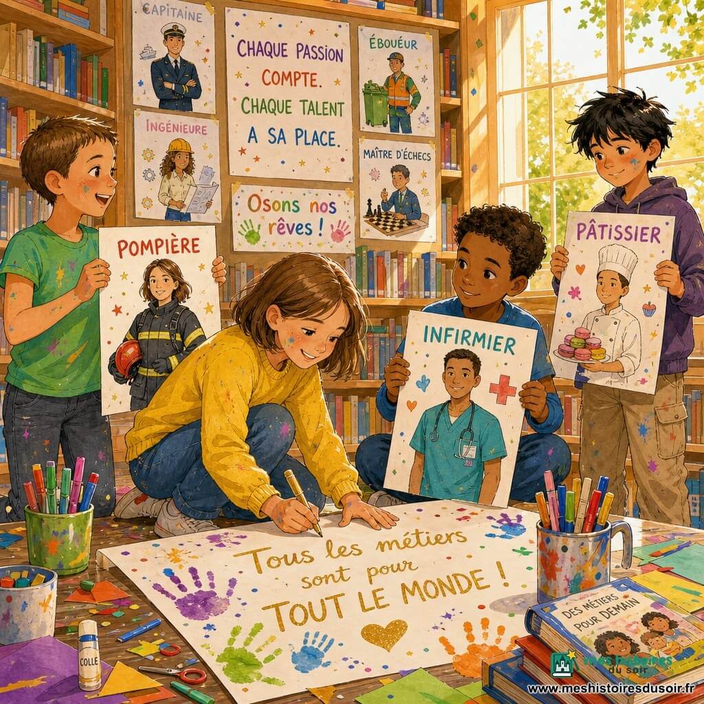 Lina, 10 ans, souriante et fière, cheveux châtain clair au carré, en pull jaune et jean, est accroupie et écrit au feutre doré sur une grande affiche blanche ; Zoé, 9 ans, énergique, cheveux très courts en t‑shirt vert, tient à gauche une affiche montrant une femme pompier ; Samir, 10 ans, calme, peau brune, t‑shirt bleu, est assis à droite et montre un dessin d’un homme infirmier ; Hugo, 11 ans, timide mais souriant, cheveux noirs en bataille, se tient légèrement en retrait avec une affiche de pâtisserie. Le groupe est réuni autour d’une table dans la bibliothèque de l’école aux grandes étagères en bois, le soleil traverse une grande fenêtre, tables basses avec pots de feutres et feuilles colorées, une rampe d’affichage est remplie d’affiches ; ils collent et accrochent des affiches représentant des métiers non stéréotypés, l’ambiance est joyeuse et solennelle, avec gestes actifs, confettis de papier et doigts tachés de peinture.