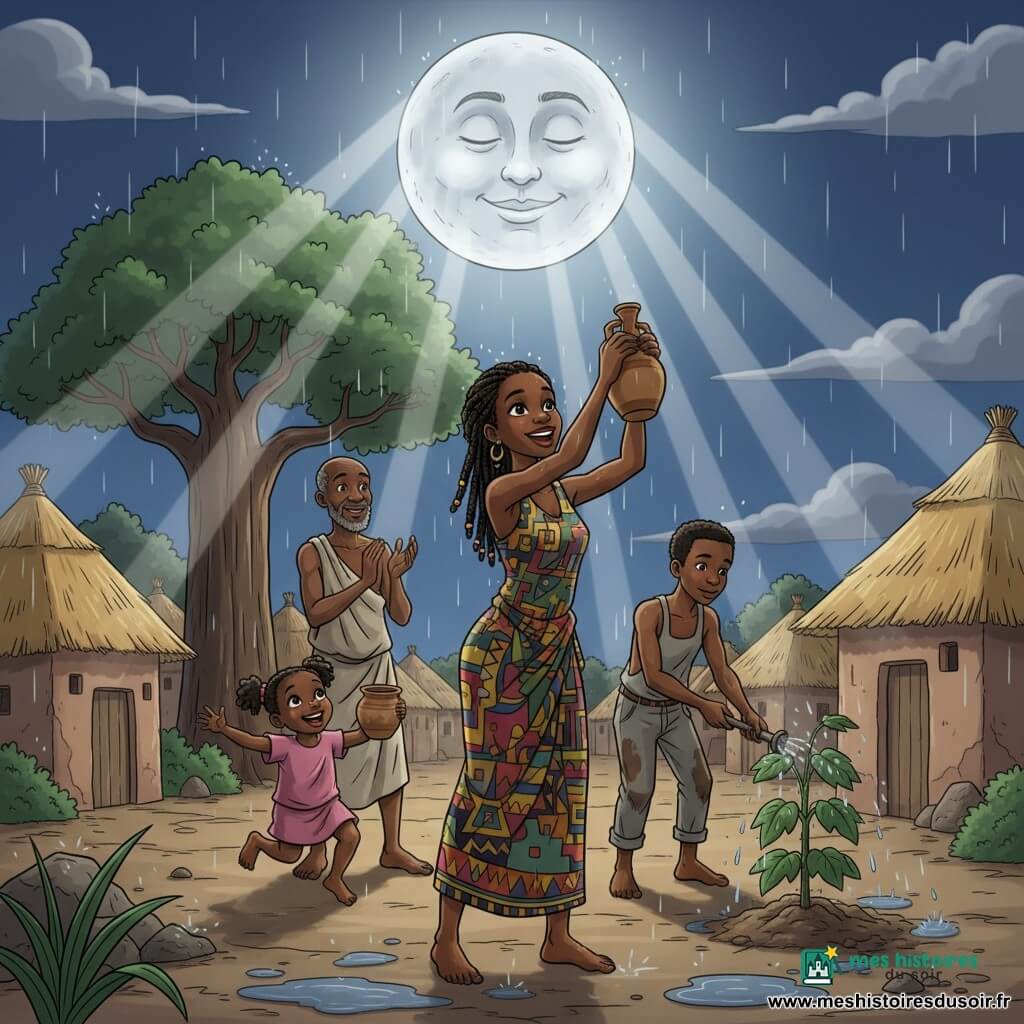Amani, jeune femme courageuse aux tresses noires perlées, sourit en levant une gourde d'argile sous la pluie ; Baba, homme d'environ 60 ans à la barbe grise, applaudit près d'un grand baobab ; une fillette d'environ 8 ans sautille au premier plan avec un petit pot en terre ; un adolescent d'environ 14 ans en salopette arrose un plant de manioc ; la lune ronde inonde la clairière du village de sa lumière argentée, les maisons en banco et le sol boueux reflètent la scène tandis que la communauté célèbre le retour de l'eau dans une atmosphère chaleureuse et pleine d'espoir.