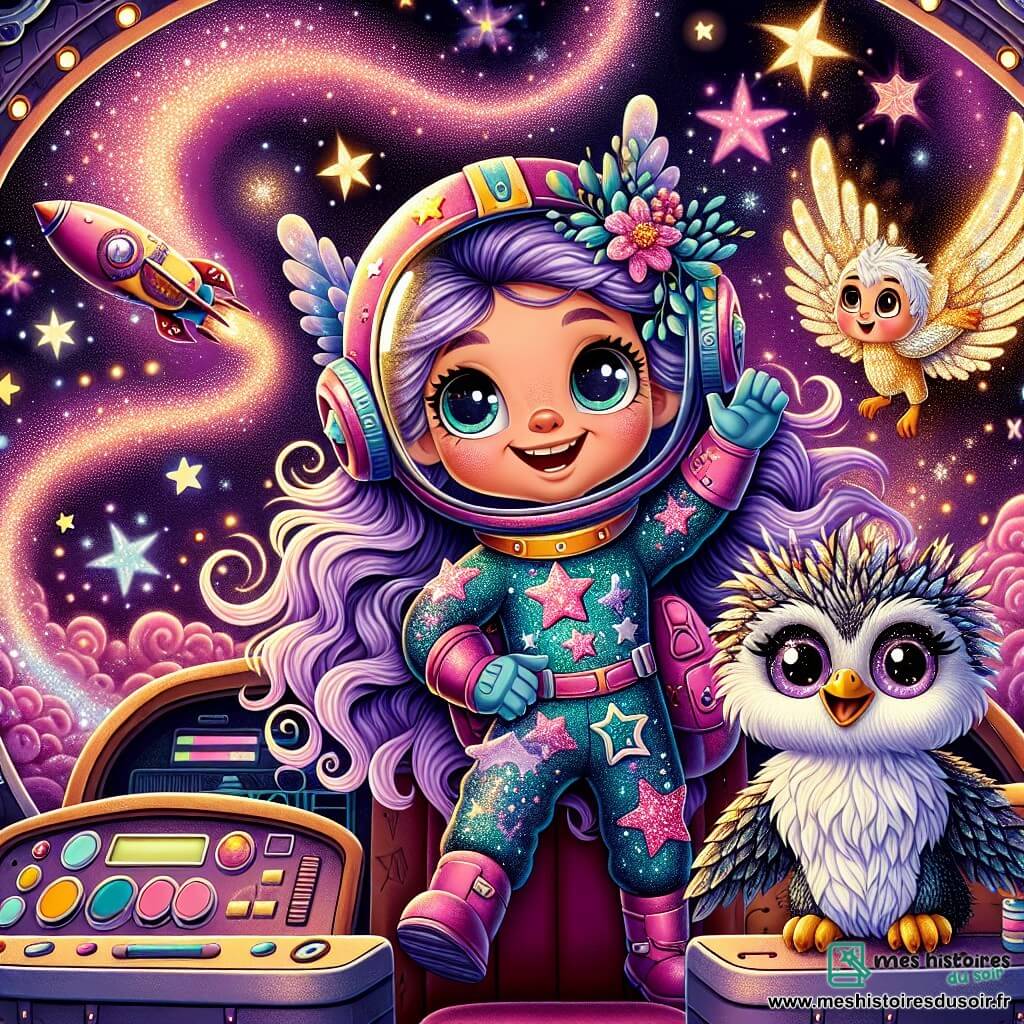 Lila, une pilote courageuse aux cheveux longs et ondulés violet, porte une combinaison spatiale brillante ornée d'étoiles. Elle sourit déterminée à l'intérieur de son vaisseau coloré, entourée de lumières éclatantes. À ses côtés, une petite créature aux ailes scintillantes, d'environ 10 ans, l'encourage en levant les bras. Un vieux hibou aux plumes argentées se perche sur le tableau de bord, observant attentivement. Le vaisseau est au cœur d'une nébuleuse magique avec des nuages roses et violets tourbillonnant autour d'étoiles brillantes. Lila est prête à combattre les Ombres Noires qui approchent, déterminée à protéger son monde magique, soutenue par la petite créature et le hibou.