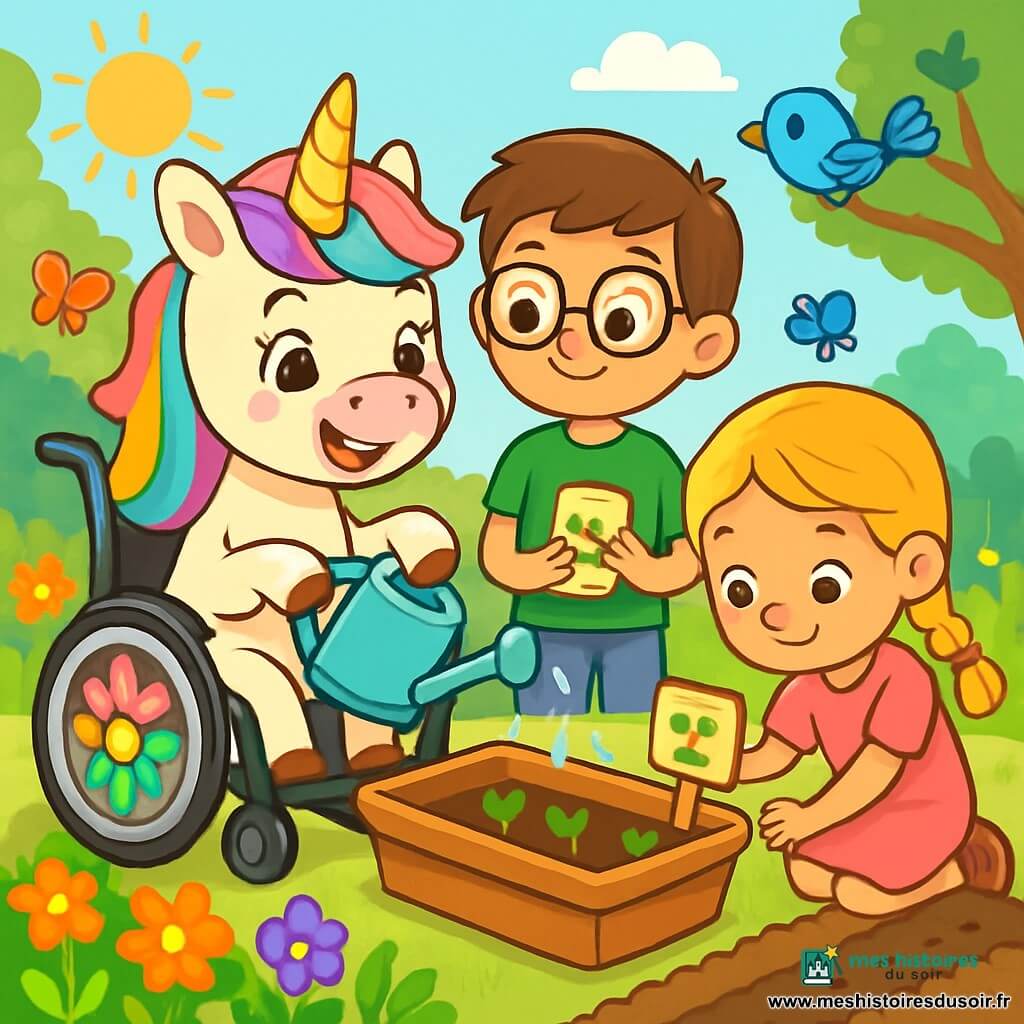 Une petite licorne nommée Livia, avec une crinière arc-en-ciel et une corne scintillante, se tient joyeusement près d'un bac à semis, utilisant un arrosoir léger pour arroser des graines. Elle est accompagnée d'un jeune garçon aux cheveux bruns et lunettes rondes, qui admire Livia tout en tenant un sachet de graines, et d'une petite fille aux cheveux blonds tressés, qui plante une étiquette en bois avec le nom de la plante. Le jardin de l'école est rempli de terre fraîche, de fleurs colorées et de papillons, sous un soleil radieux. Livia, entourée de ses amis, crée une atmosphère de camaraderie et de joie en s'occupant ensemble du jardin.