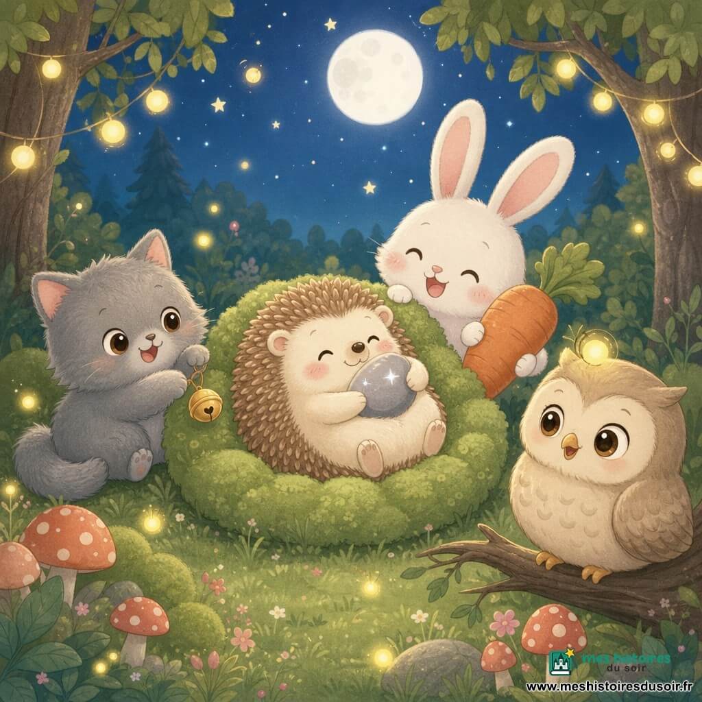 Pimpon, petit hérisson rond aux piquants courts brun clair et crème, est allongé sur un lit de mousse verte en serrant un caillou brillant; Pompom, chaton gris duveteux, assis à côté, balance un grelot doré; Léo, lapin blanc aux grandes oreilles roses, rit derrière le lit en tenant une grosse carotte orange; Mimi, chouette beige aux grands yeux noisette, est perchée sur une branche à droite avec une luciole sur la tête; la clairière nocturne et cosy — herbe moelleuse, champignons rouges et blancs, guirlandes de lucioles, lune argentée et quelques étoiles — baigne la scène d'une lumière chaude aux couleurs pastel, sereine et joyeuse.
