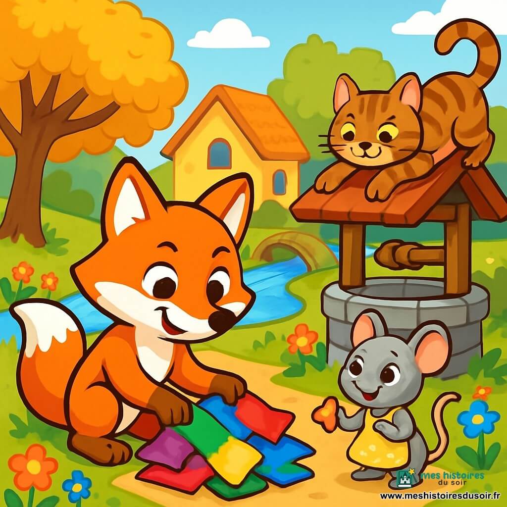 Au centre de l'image, Renard Roux, un renard aux poils roux éclatants et aux yeux curieux, rassemble des morceaux de tissu coloré, le sourire déterminé. À ses côtés, Souris Pâtissière, une petite souris grise avec un tablier à pois, tient une miette de tissu et admire Renard. Un peu plus loin, Chat, un chat tigré aux yeux verts, s'étire paresseusement sur le toit d'un puits, observant la scène avec amusement. Le lieu est une charmante place du village, entourée d'arbres aux feuilles dorées et d'un ruisseau scintillant. Des fleurs colorées bordent le chemin, et un vieux pont en bois ajoute une touche de magie. Renard et ses amis sont en quête des morceaux de l'étendard-trésor, illustrant l'esprit d'entraide et d'aventure qui les unit.