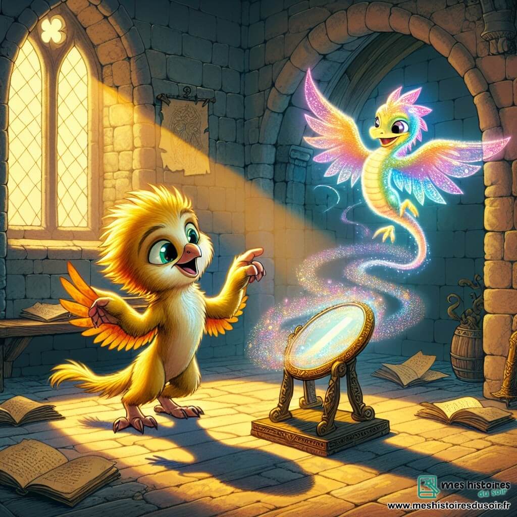 Au centre de l'image, Gratouillot, un jeune griffon aux plumes dorées et aux yeux curieux, se tient debout sur ses pattes arrière, émerveillé par un miroir magique scintillant. À sa droite, Tourneboulette, un petit dragon translucide aux ailes iridescentes, virevolte joyeusement, prêt à l'accompagner dans cette aventure. Le décor est une vieille tour abandonnée avec des murs en pierre couverts de lierre et des rayons de lumière dorée filtrant à travers des fenêtres brisées, illuminant des parchemins poussiéreux. Gratouillot touche le miroir, déclenchant un tourbillon de lumière colorée qui remplit la pièce, projetant des ombres dansantes sur les murs et créant une atmosphère magique.