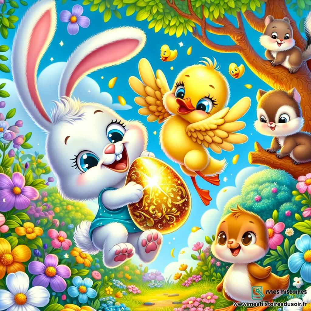 Petit Lapin, un adorable lapin aux grandes oreilles et à la fourrure blanche, saute de joie avec un sourire éclatant, tenant un œuf doré dans ses pattes. À ses côtés, Caneton, un petit canard jaune aux plumes douces, regarde l'œuf avec émerveillement. Écureuil, un écureuil brun à la queue touffue, grimpe sur une branche, curieux de la scène. Cela se passe dans un jardin ensoleillé rempli de fleurs colorées et d'un grand arbre magique. L'illustration montre Petit Lapin et ses amis découvrant l'œuf doré, symbolisant l'esprit de Pâques et l'amitié.