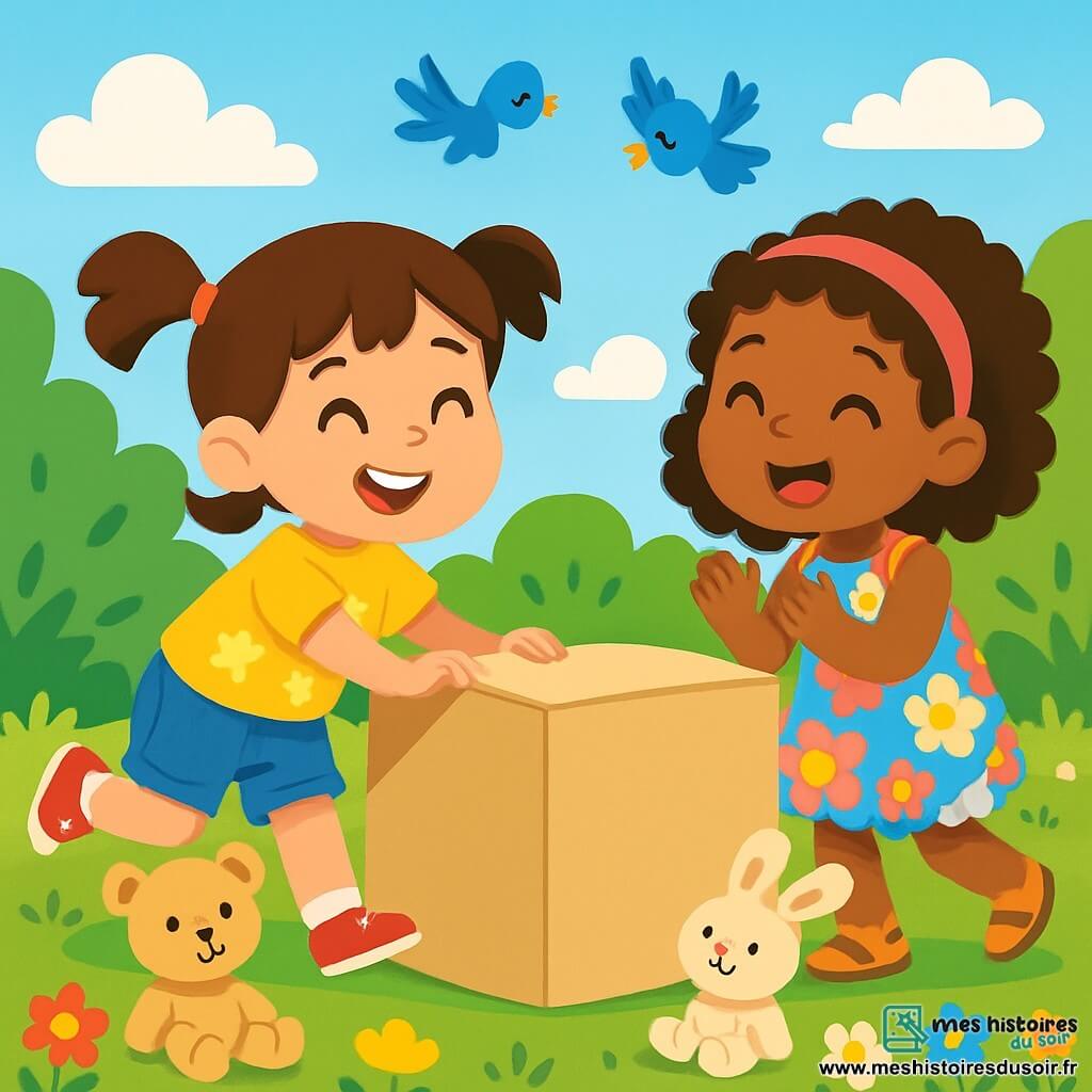 Zoé, une fille de 6 ans avec des couettes brunes, porte un t-shirt jaune et un short en denim. Elle pousse une grande boîte en carton avec un grand sourire. À ses côtés, Mila, également âgée de 6 ans, a des cheveux bouclés et un bandeau rose, vêtue d'une robe à fleurs colorées. Elles rient et tapent sur la boîte. L'action se déroule dans un jardin ensoleillé, rempli de fleurs et d'arbres, avec un ciel bleu et des oiseaux volant autour. Zoé et Mila s'amusent à faire rouler la boîte tout en chantant des chansons, entourées de leurs doudous.