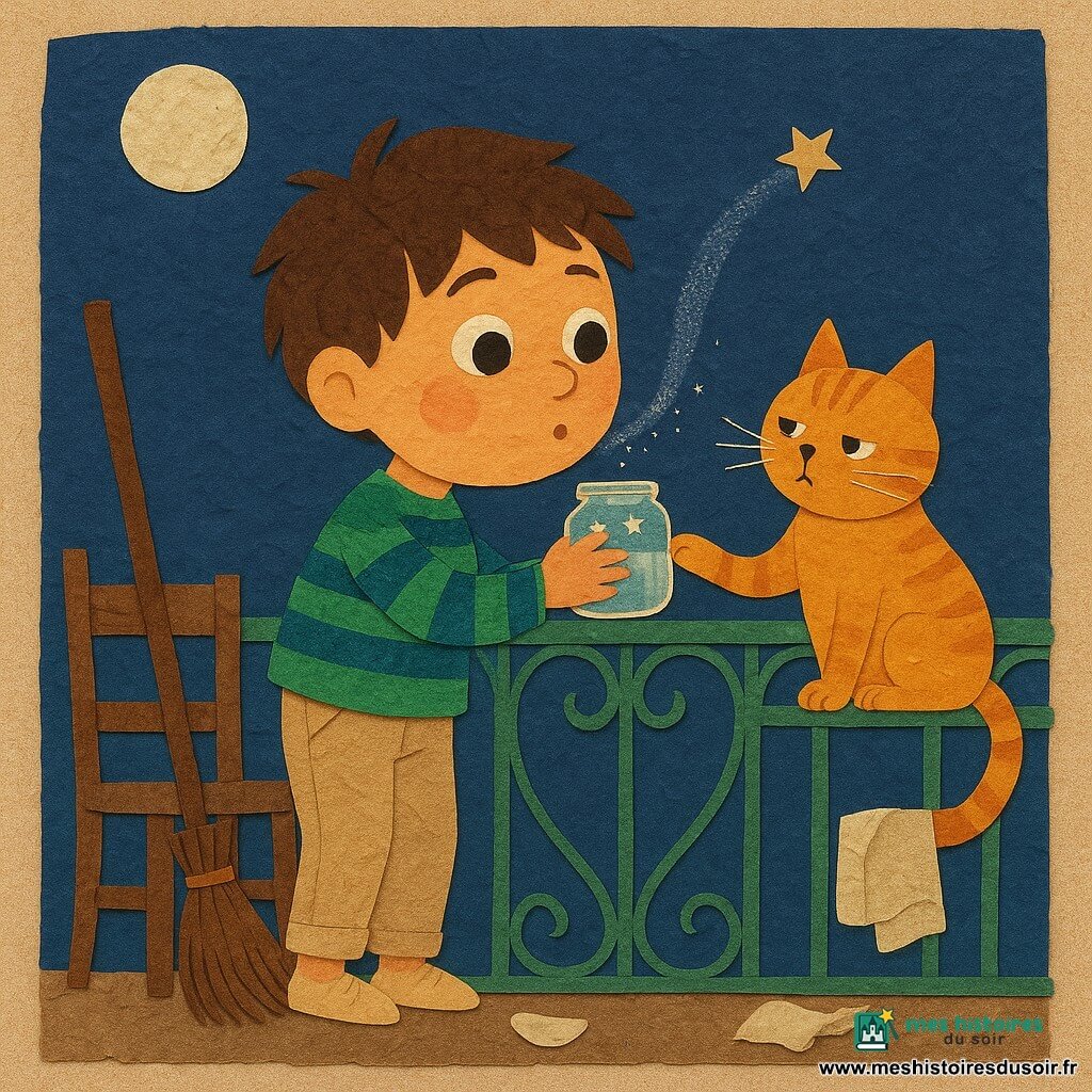 Garçon de 8 ans au visage rond et cheveux châtain en bataille, yeux curieux, soufflant vers un petit bocal en verre posé sur la rambarde, pull rayé bleu et vert, pantalon beige, sur la pointe des pieds; chat roux nommé Biscotte, compact, patte avant sur le bocal, regard attentif et un peu snob; balai en bois aux poils bruns appuyé contre une chaise avec un air amusé; balcon en fer forgé vert avec une soucoupe cassée et un torchon froissé; ciel nocturne bleu profond en papier froissé avec un coin plus clair et une étoile qui cligne, traînée de poussière argentée formant un arc sortant du bocal; ambiance fantaisie humoristique, couleurs vives, collages de papiers texturés et bords découpés, composition simple et lisible pour enfants.