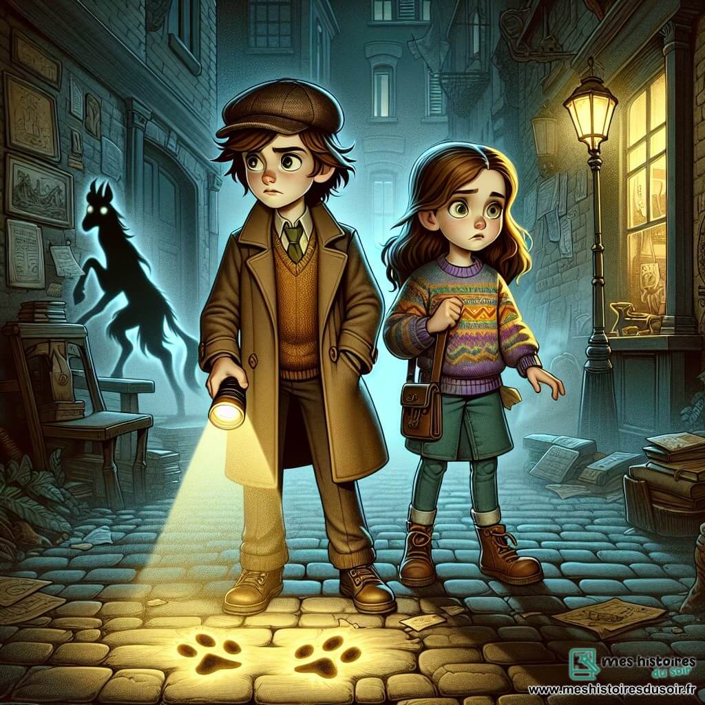 Deux personnages principaux : Léo, un garçon de 12 ans avec des cheveux bruns en bataille, portant une casquette en tweed et un trench-coat, se tient à gauche, tenant une lampe de poche qui éclaire son visage curieux. À sa droite, Émilie, une fille de 12 ans aux longs cheveux châtains, vêtue d'un pull coloré et d'un jean, regarde avec détermination vers l'avant, une carte ancienne à la main. Leur environnement est une ruelle brumeuse de la ville, avec des pavés usés et des lampadaires diffusant une lumière vacillante. Des ombres mystérieuses dansent autour d'eux, et une boutique d'antiquités ancienne se dresse en arrière-plan. Léo et Émilie découvrent des empreintes de sabots brillants sur le sol, témoignant du passage d'une licorne, tandis qu'une silhouette spectrale émerge des ombres, les observant avec des yeux luminescents.