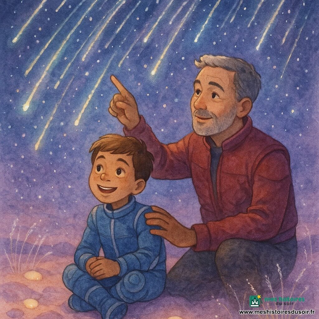Un garçon d'environ 9 ans aux cheveux châtain clair et yeux brillants, souriant dans une petite combinaison spatiale bleue à détails argentés, est assis sur un sol sablonneux rose pâle, mains jointes, émerveillé par une pluie d'étoiles; à ses côtés, un capitaine d'une quarantaine d'années aux cheveux courts grisonnants et barbe légère, au visage bienveillant, porte une veste spatiale bordeaux, pose une main rassurante sur son épaule et pointe le ciel violet-indigo parsemé d'étoiles et de longues traînées lumineuses blanches, or et turquoise, l'ensemble dégageant une ambiance magique, tendre, aux lumières douces et ombres délicates.