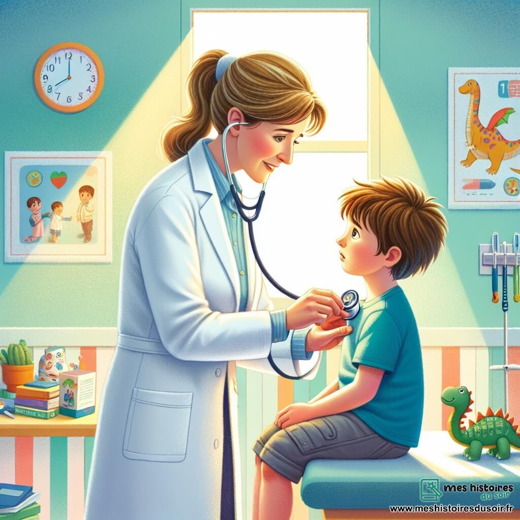 Clara, médecin d'une quarantaine d'années, est au centre de l'image avec des cheveux châtain clair en queue de cheval, portant une blouse blanche et un stéthoscope. Elle examine Jules, un garçon de dix ans assis sur une table d'examen, qui a les cheveux bruns en désordre et un regard inquiet mais plein d'espoir, tenant un jouet dinosaure. La clinique, lumineuse et accueillante, est décorée de couleurs pastel et d'affiches éducatives. Clara écoute le cœur de Jules tout en lui expliquant calmement, transformant un moment stressant en une expérience rassurante.