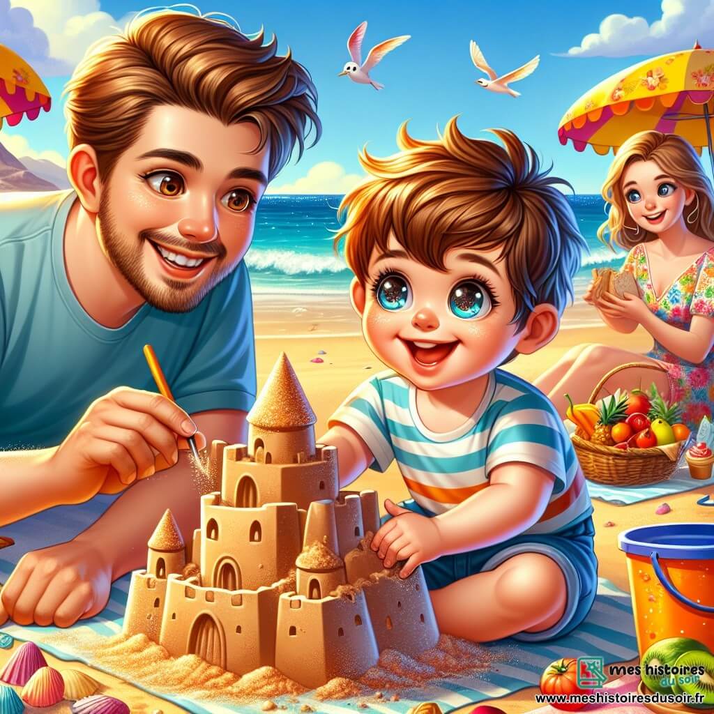 Lucas, un petit garçon de 2 ans aux cheveux bruns en désordre et aux grands yeux pétillants, construit un château de sable sur la plage, souriant et concentré, avec des grains de sable sur ses joues. Son papa, un homme d'une trentaine d'années avec une barbe légère et un t-shirt bleu, l'aide en riant. Sa maman, une femme de la même tranche d'âge avec de longs cheveux blonds et une robe colorée, prépare un pique-nique sur une serviette. La plage est belle, avec un ciel bleu, des vagues douces et des parasols colorés. Lucas et son papa construisent le château sous le soleil d'été, entourés de rires.