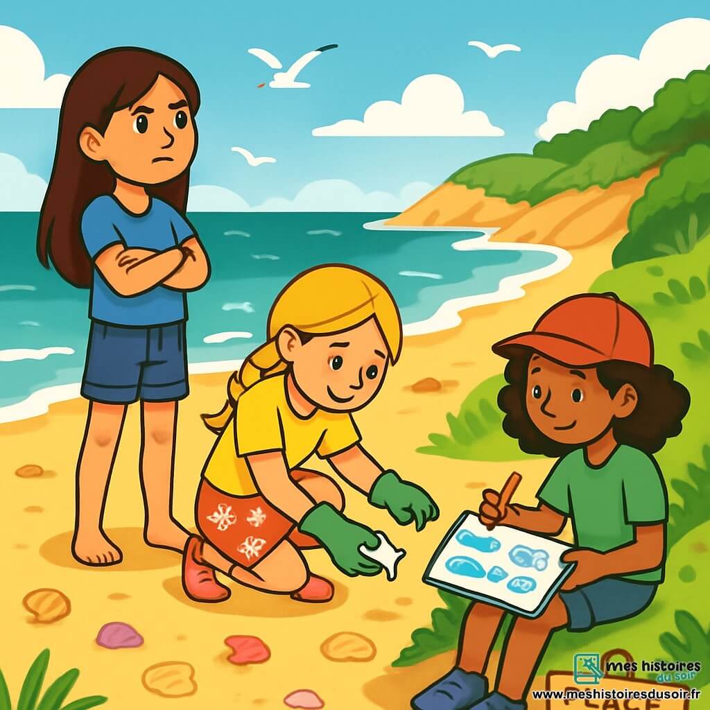 Trois personnages sont présents : Léna, une fille de 10 ans aux longs cheveux bruns, en t-shirt bleu et short en jean, debout sur le sable avec les bras croisés et un regard déterminé vers la mer ; Camille, également âgée de 10 ans, avec des cheveux blonds tressés, portant un t-shirt jaune et une jupe à fleurs, accroupie pour ramasser un déchet avec un gant de jardinage ; et Sofia, ayant des cheveux bouclés et une casquette rouge, habillée d'un t-shirt vert et de pantalons courts, assise sur une dune en train de dessiner des animaux marins. La scène se déroule sur la Plage d'Argent, une plage de sable doré entourée de dunes et de vagues scintillantes, sous un ciel bleu parsemé de nuages. Les trois amies nettoient la plage : Léna observe la mer, Camille ramasse des déchets, et Sofia dessine pour sensibiliser les autres. L'atmosphère est joyeuse et engagée, reflétant leur volonté de protéger l'environnement.