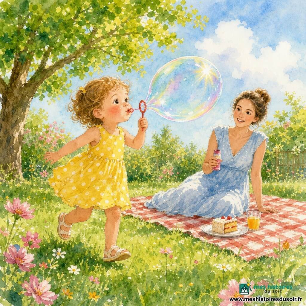 Fille de 2 ans, joyeuse et émerveillée, cheveux châtain clair en petites boucles, yeux ronds et joues rosées, en robe jaune à pois blancs souffle une grande bulle de savon en courant; la mère, vers 30 ans, souriante, cheveux bruns en chignon, en robe d’été bleu ciel, assise sur une couverture à quelques pas tient le récipient à bulles et la regarde; jardin d’été avec pelouse verte, grand arbre feuillu à gauche, fleurs sauvages roses et blanches, ciel bleu clair et lumière chaude du soleil; bulles translucides et iridescentes flottent, la fillette essaie d’en attraper une pendant que la mère rit, couverture de pique-nique rouge et blanche avec part de gâteau et verre de jus.