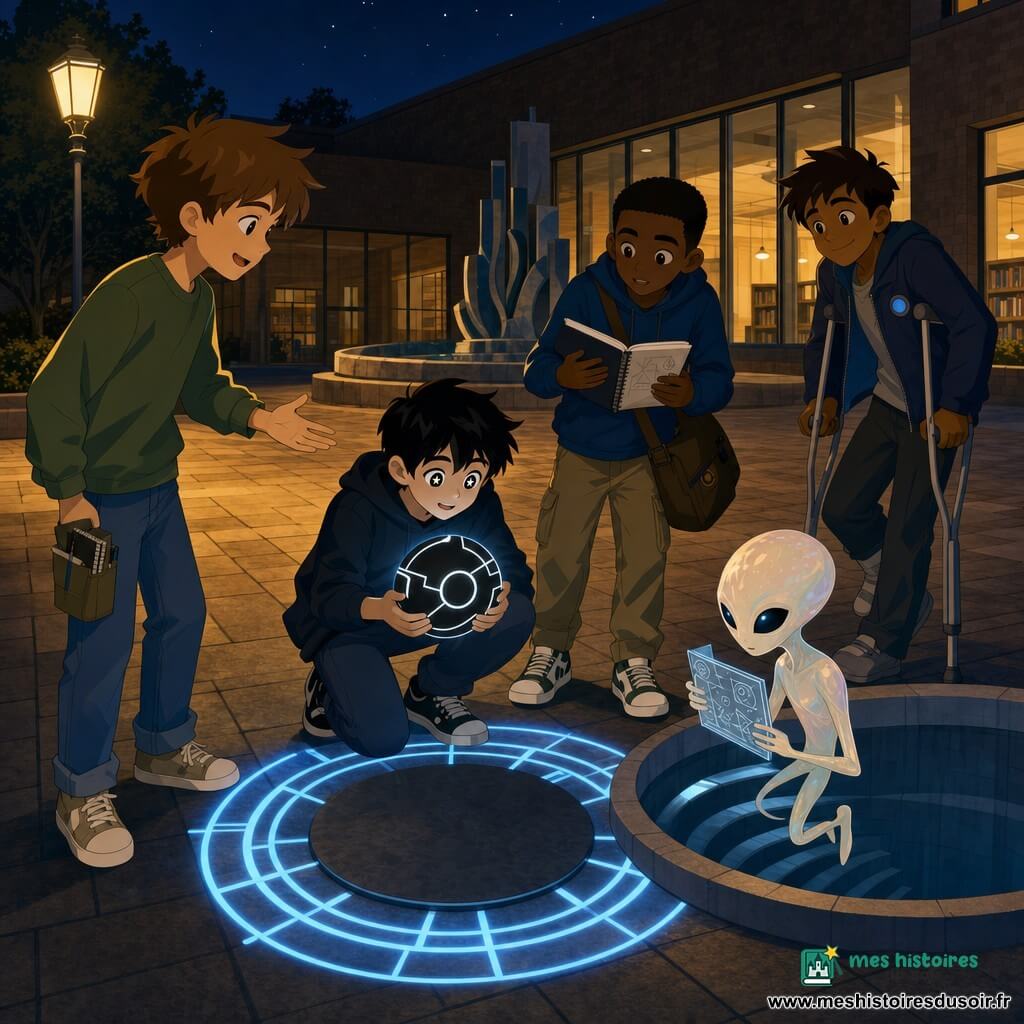 Cinq personnages se rencontrent paisiblement la nuit dans la cour pavée d'une bibliothèque municipale : Kio, garçon d'environ 12 ans, peau pâle, cheveux noirs courts, accroupi au centre tenant un disque noir mat aux lignes argentées qui pulse ; Noé, 12 ans, cheveux châtains en bataille, main tendue en signe d'accueil, carnet en poche, à gauche de Kio ; Malik, 12 ans, peau bronzée, sac au dos et cahier ouvert, à droite de Kio, légèrement en retrait ; Léo, 12 ans, appuyé sur des béquilles près de l'escalier menant au souterrain, sourire tranquille et veste avec un bouton bleu ; et Sélén, petit extraterrestre à la peau nacrée et grands yeux sombres, flottant au-dessus d'une ouverture ronde et tendant une petite plaque transparente gravée de symboles; l'atmosphère est calme et émerveillée, éclairée par un lampadaire jaune et une grille de lumière bleutée dessinant un cercle autour d'une dalle sombre, avec en arrière-plan une fontaine sèche, murs de briques et grandes fenêtres vitrées.