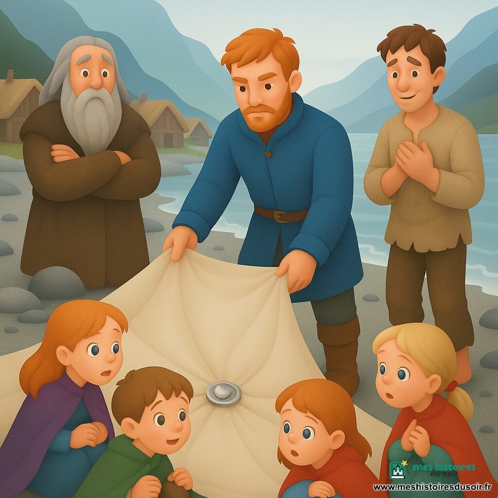 Einar, visage serein et déterminé, cheveux châtain clair en bataille et barbe courte, tient une vieille voile déployée et pose une petite boucle d'argent brillante au centre tandis que, à gauche, le chef âgé à la longue barbe grise et au visage ridé observe surpris, à droite l'accusé d'une trentaine d'années, timide et soulagé, serre les mains contre sa poitrine, trois enfants accroupis au premier plan regardent la boucle avec émerveillement ; la scène se déroule sur une plage de fjord nordique aux rochers polis et aux maisons en bois au loin, lumière douce mettant en contraste la toile froissée, le métal brillant et les visages émouvants.