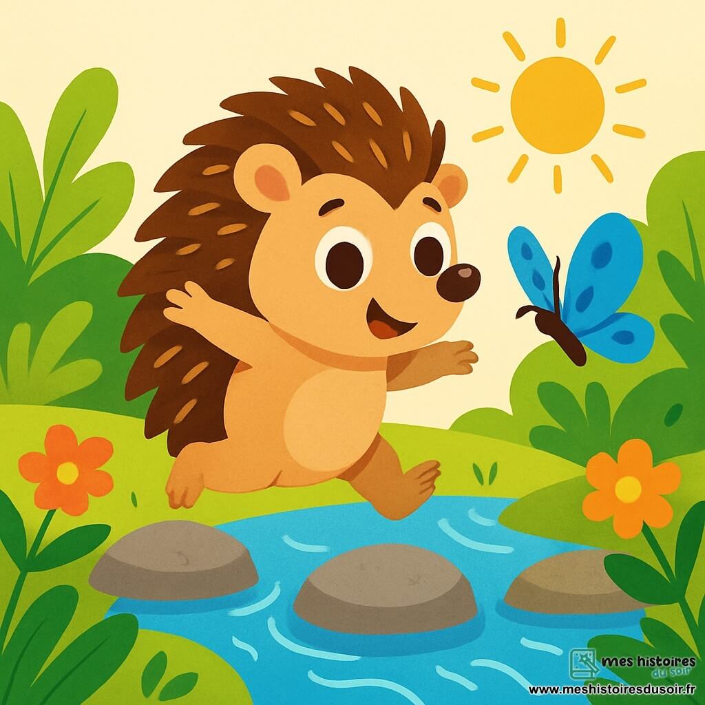 Un petit hérisson aux piquants bruns et dorés, avec de grands yeux curieux et un sourire fier, saute joyeusement sur des pierres au bord d'une rivière scintillante. À côté de lui, un papillon bleu aux ailes délicates vole en tournoyant. La rivière, d'un bleu éclatant, danse sous le soleil, entourée de fleurs colorées et de feuillages verts. Dans cette scène, le hérisson montre son courage en traversant la rivière, tandis que le papillon l'encourage.