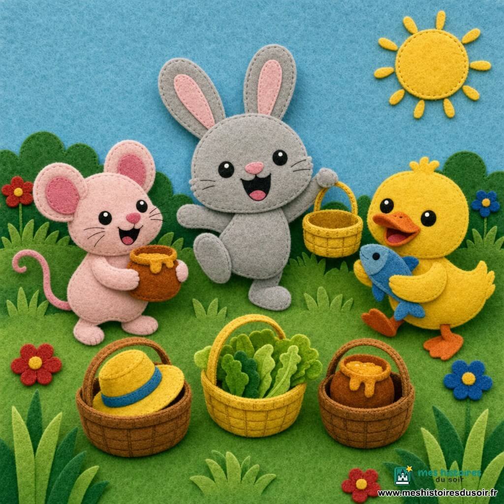 Loulou, petit lapin gris clair en feutrine aux grandes oreilles arrondies, yeux noirs ronds et sourire joyeux, danse en tenant un petit panier jaune ouvert, à sa gauche Mimi, petite souris rose pâle aux grandes oreilles, rit en tenant un pot de miel brun-orange, à sa droite Toto, canard jaune vif au bec orange, tient un poisson en bois bleu; décor : prairie verte en feutrine avec herbes en couches, fleurs rouges et bleues cousues, ciel bleu clair et soleil jaune en haut à droite; scène : pique-nique joyeux avec trois paniers ouverts montrant un chapeau jaune, salade verte et pot de miel, couleurs vives et textures cousues visibles.