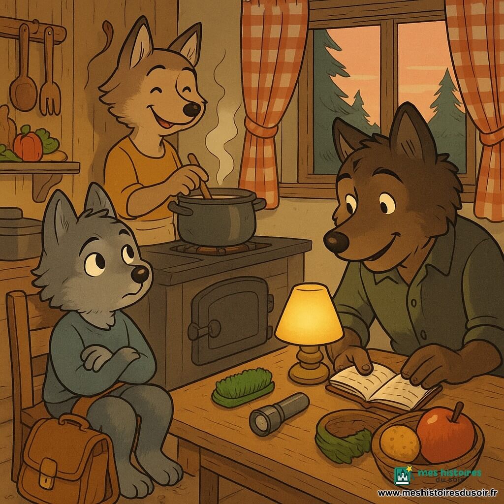 Un petit loup enfant anthropomorphe à la fourrure grise, yeux ronds et expression fière et pensive, assis sur une chaise en bois avec son cartable à côté ; une maman louve au pelage brun clair, souriante, remuant une marmite de soupe fumante près de la cuisinière ; un papa loup au pelage plus foncé, bienveillant, tenant un petit carnet ouvert, penché vers l’enfant ; sur la table en bois rugueuse une brosse verte, une petite lampe de poche argentée et un panier contenant une pomme rouge brillante et un biscuit rond éclairés par une lampe chaude ; cuisine rustique aux murs en bois, rideau à carreaux rouges et blancs, planche à découper avec légumes colorés et cuillères en bois, fenêtre montrant un ciel couleur pêche et une forêt sombre ; scène intime et calme d’une famille réunie après l’école choisissant ensemble un objet pour une petite « aventure » du soir, ambiance douce, couleurs chaudes et traits nets typiques de la BD franco-belge.