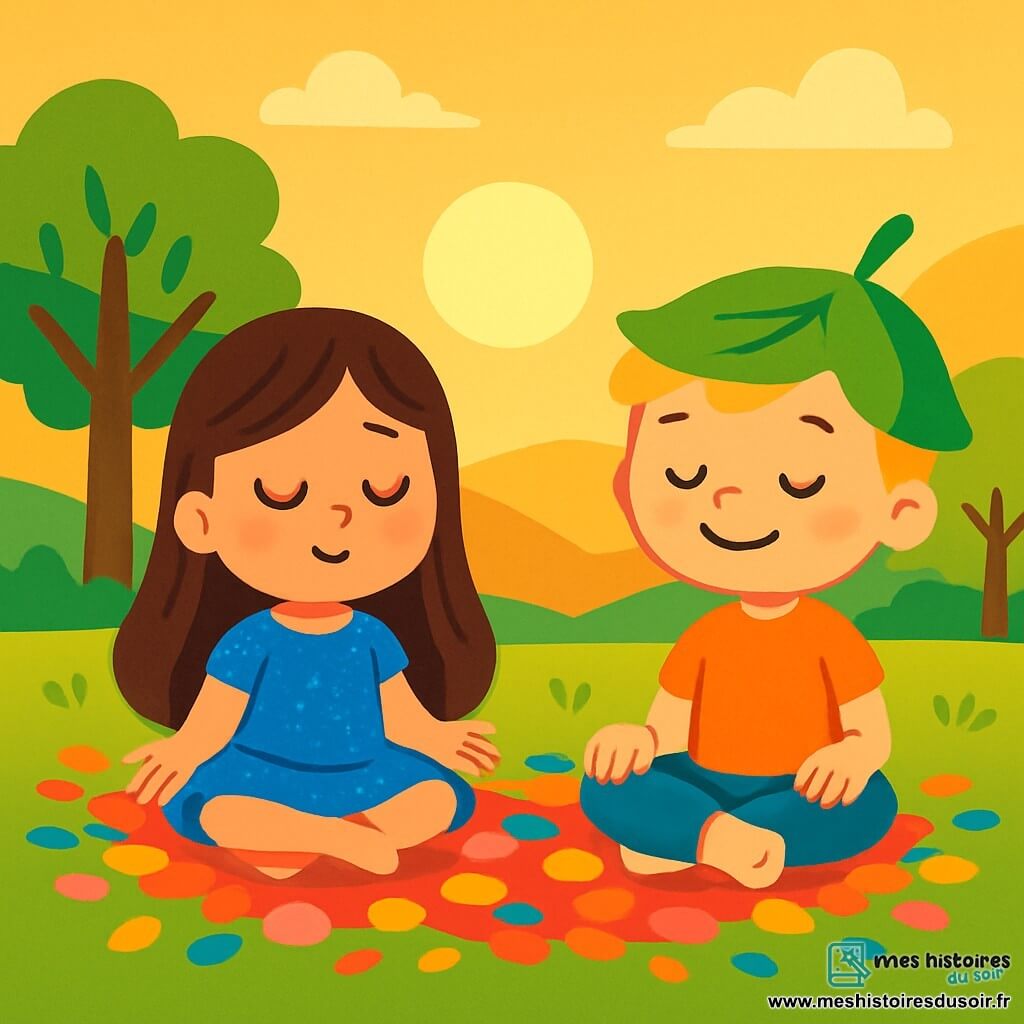 Il y a deux personnages principaux : Lila, une fille de 6 ans aux longs cheveux bruns et à la robe bleue, et Malo, un garçon de 6 ans avec des cheveux blonds et un chapeau vert en forme de feuille. Ils sont assis en tailleur sur un tapis de pétales colorés dans une vallée baignée par la lumière dorée du soleil couchant, entourés d'arbres dansant dans le vent et de collines sous un ciel pastel. Lila et Malo pratiquent le yoga, respirant calmement et s'étirant comme des étoiles, avec des expressions sereines, tandis qu'un ballon de lumière flotte autour d'eux, ajoutant une touche de magie à ce moment de paix.