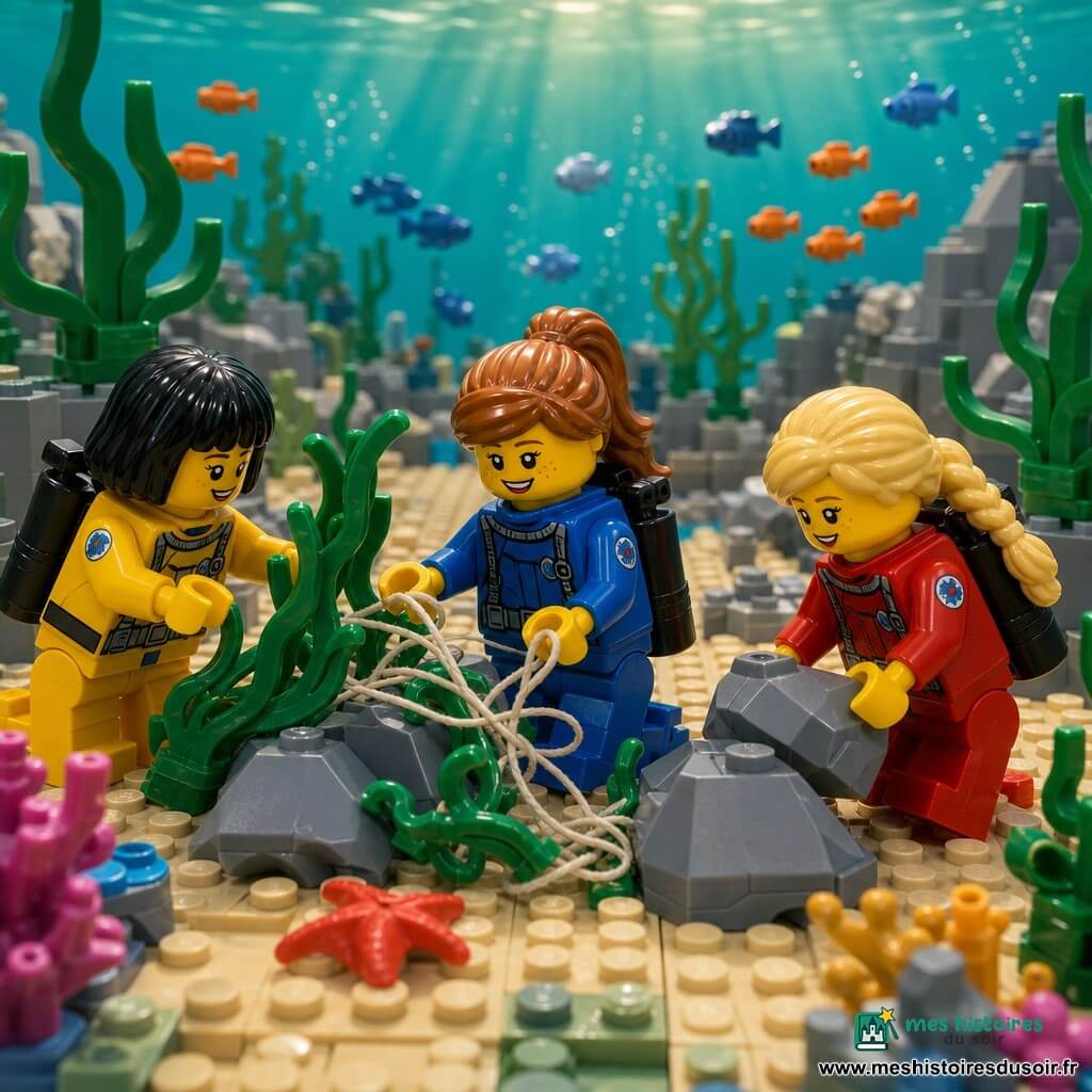 Trois filles en combinaison de plongée dans un diorama sous-marin LEGO : une fille de 8 ans aux cheveux châtain clair en queue de cheval, au centre, tient délicatement une ligne emmêlée entre deux rochers gris ; à gauche, une fille de 7 ans aux cheveux noirs courts en combinaison jaune tire doucement une algue verte en briques pour dégager la ligne ; à droite, une fille de 8 ans aux cheveux blonds tressés en combinaison rouge soulève un petit rocher gris pour créer de l’espace, la scène lumineuse montre du sable beige, des algues vertes ondulées, un banc de petits poissons orange et bleu et des rayons de lumière jaunes traversant l’eau turquoise, toutes ont des gestes doux et des expressions concentrées et souriantes.