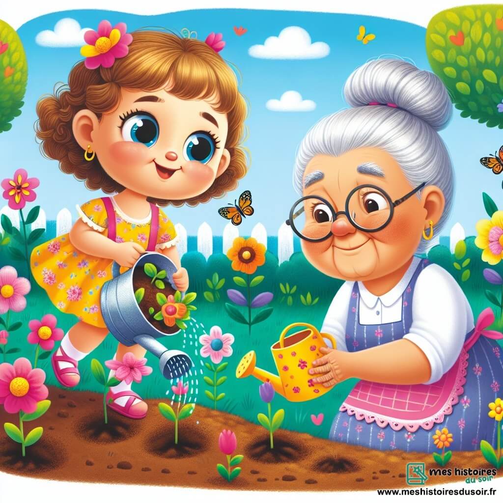 Une petite fille de 2 ans, avec de grands yeux brillants et des cheveux bouclés, sourit en plantant une graine dans la terre. Elle porte une robe jaune à fleurs et des sandales roses. À ses côtés, sa mamie, une femme âgée avec des cheveux gris en chignon et des lunettes rondes, l'observe en tenant un arrosoir coloré. Le jardin est rempli de fleurs colorées, de papillons et d'un ciel bleu éclatant, entouré d'arbres verdoyants. Ensemble, elles partagent un moment joyeux et éducatif dans la nature.