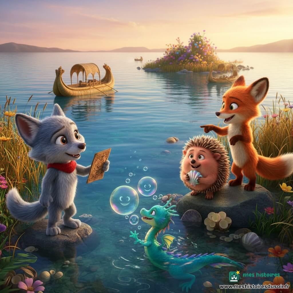 Louna, un petit loup gris à fourrure douce, yeux ambrés et écharpe rouge, tient une carte en bois sur la rive du lac Titicaca; Hugo, un hérisson rond et marron, serre un coquillage scintillant, Roxy, une renarde orange malicieuse, indique une île fleurie depuis un rocher, et Zazu, un petit dragon d’eau turquoise aux nageoires translucides, joue près de la rive en faisant des bulles lumineuses ; le lac bleu saphir miroite, petites îles fleuries et roseaux dorés entourent des barques de roseaux et grottes sous-marines avec coquillages lumineux; moment de découverte chaleureux au soleil, ambiance colorée et accueillante, rendu 3D stylisé aux couleurs saturées et ombres douces.