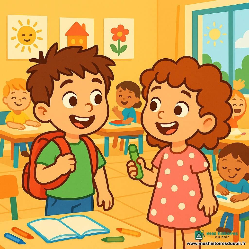 Timéo, un petit garçon de 4 ans aux cheveux bruns en bataille et aux yeux curieux, porte un sac à dos rouge vif dans une salle de classe lumineuse. Il sourit, excité pour la rentrée des classes, aux côtés de Lila, une petite fille de 4 ans avec des cheveux bouclés et une robe rose à pois blancs, tenant une craie colorée. La salle est décorée de dessins colorés, avec des tables en bois clair et des chaises multicolores. Des crayons et des cahiers sont éparpillés, et la lumière du soleil entre par une grande fenêtre. Timéo et Lila discutent et rient, entourés d'autres enfants jouant, créant une ambiance joyeuse.