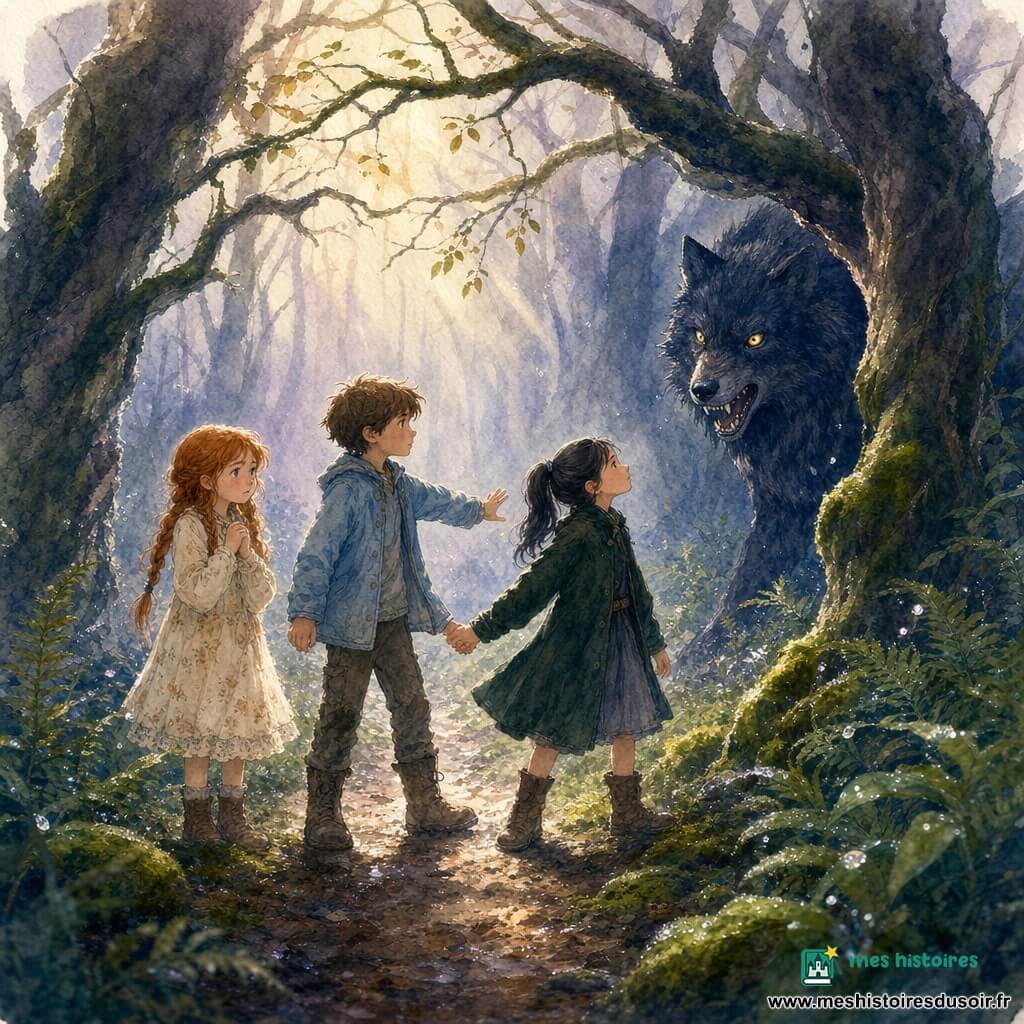 Trois enfants sur un sentier forestier étroit : Éloi, ~10 ans, cheveux châtains courts, veste bleu pâle et bottes boueuses, au centre, main droite tendue ; Lucie, ~9 ans, tresses rousses, robe crème à petites fleurs, à gauche légèrement en retrait, mains jointes, visage tremblant mais déterminé ; Maïa, ~8 ans, peau claire, cheveux noirs en queue, manteau vert foncé, à droite, serrant la main d’Éloi, posture courageuse. Un grand loup noir-bleuté aux yeux jaunes brille à moitié dans l’ombre entre deux troncs, crocs visibles mais expression plus surprise que féroce. Le sentier, ruban doré entre fougères et mousses, sous une arche d’arbres noueux et un léger brouillard lavande, lumière matinale chaude filtrant en rayons ; atmosphère tendue mais maîtrisée, contrastes entre la clarté du sentier et l’ombre autour du loup, émotions lisibles sur les visages.