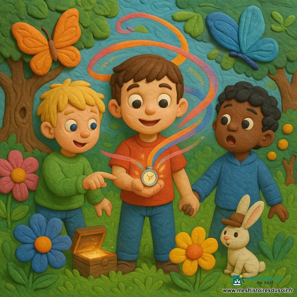 Trois garçons dans une prairie magique : Tom (7 ans, cheveux bruns courts, t-shirt rouge, jean) au centre tenant une petite montre brillante, Léo (6 ans, cheveux blonds en bataille, pull vert clair) à gauche appuyant sur un bouton de la montre, Max (5 ans, cheveux noirs bouclés, sweat bleu) à droite tenant la main de Tom et regardant autour de lui, bouche ouverte; la montre projette des rubans lumineux rose, orange et bleu qui tourbillonnent autour des enfants et des fleurs géantes (roses, jaunes, bleues) tandis que des papillons translucides volent et qu’un grand chêne ancien aux racines épaisses avec une boîte brillante semi-ouverte se dresse en arrière-plan; un petit lapin blanc coiffé d’un chapeau marron observe près d’un pommier aux pommes dorées; ambiance joyeuse et sûre, couleurs saturées et textures façon pâte à modeler.