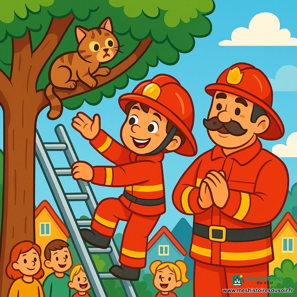 Antoine, un garçon de 10 ans en uniforme de pompier rouge, sourit fièrement en grimpant à une échelle pour sauver un chat coincé dans un arbre. Le Capitaine Dupont, un homme musclé d'environ 40 ans en uniforme, l'observe avec bienveillance, prêt à l'applaudir. La scène se déroule dans un village coloré, avec un grand arbre au centre et un ciel bleu ensoleillé. Antoine, concentré, tend la main vers le chat, tandis que les villageois admirent son courage.