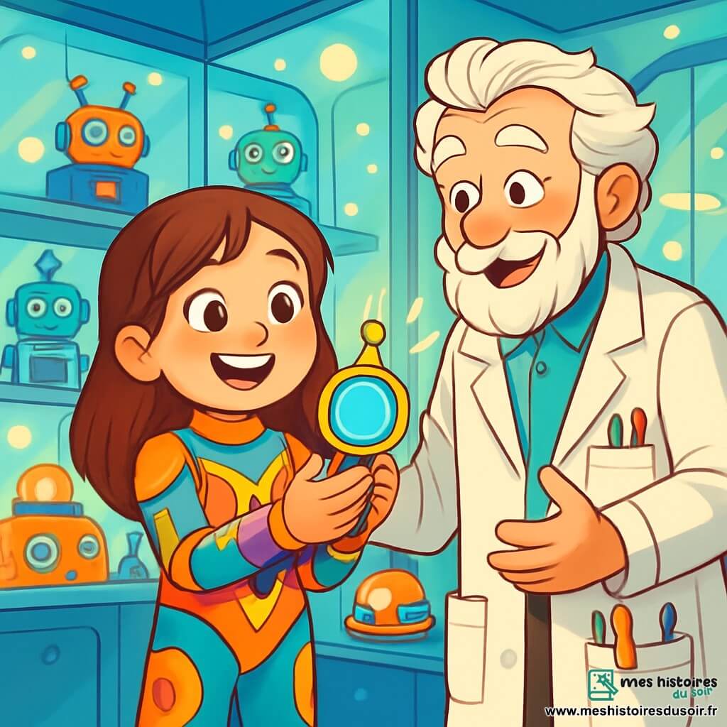Lily, une petite fille de 10 ans aux longs cheveux bruns et aux yeux curieux, se tient souriante au centre de la scène. Elle porte une combinaison futuriste colorée avec des motifs géométriques. À ses côtés, M. Magnus, un vieil homme aux cheveux gris et à la barbe soignée, l'observe avec bienveillance, vêtu d'une blouse de laboratoire pleine de gadgets. La scène se déroule dans la boutique magique de M. Magnus, remplie d'inventions scintillantes, avec des murs en verre et des étagères de robots colorés. Lily découvre un appareil de communication brillant, et M. Magnus lui explique son fonctionnement. Elle réalise qu'elle peut se connecter avec d'autres enfants de Néo-ville, symbolisant l'amitié et la créativité dans un monde futuriste.