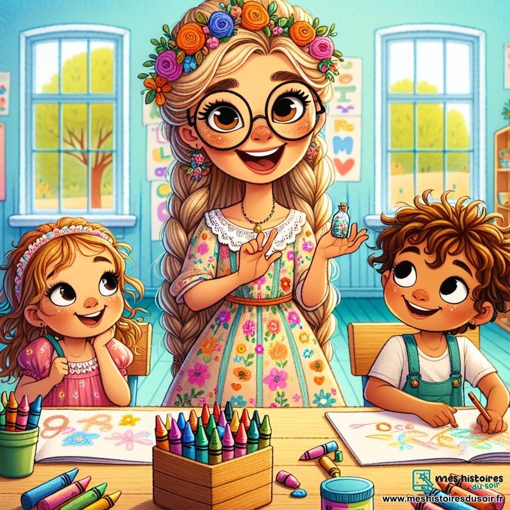 Madame Lila, une femme souriante d'une trentaine d'années avec de longs cheveux blonds tressés et des lunettes rondes, se tient au centre de la classe. Elle porte une robe colorée ornée de motifs floraux et montre des crayons et des livres à ses élèves avec enthousiasme. Tim, un garçon de 8 ans aux joues rondes et aux yeux curieux, est assis à une petite table en bois, tenant une pierre scintillante. Il a les cheveux bruns en bataille et un sourire émerveillé en regardant Madame Lila. Marina, une fille de 7 ans avec des cheveux bouclés et une robe rose, est debout à côté de Tim, dessinant sur une grande feuille de papier. La scène se déroule dans une classe lumineuse et colorée, avec des murs bleus pastel et des fenêtres laissant entrer la lumière. Madame Lila explique avec passion comment utiliser les crayons et les pierres pour apprendre, entourée de ses élèves attentifs, prêts à explorer le monde magique de l'apprentissage.
