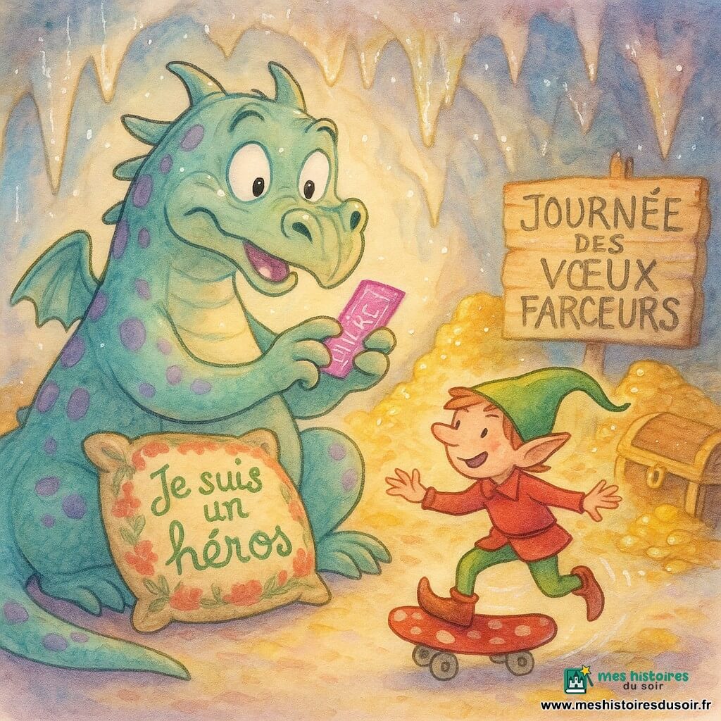 Un dragon rondouillet émeraude pâle à taches violettes, l'air surpris et amusé, tient un ticket rose fluo dans sa grotte scintillante tandis qu'un petit lutin en skateboard champignon, en rouge et bonnet vert, freine en souriant devant son coussin brodé «Je suis un héros» usé; stalactites pailletées, tas d'or, coffres renversés et panneau «JOURNÉE DES VŒUX FARCEURS», ambiance joyeuse aux couleurs pastel rehaussées de touches vives et lumières douces.