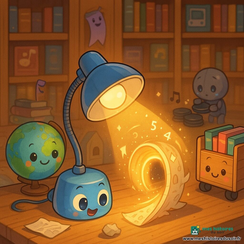 Une petite lampe de bureau ronde bleue à abat-jour blanc, base chromée et câble fin, visage chibi au grand œil lumineux et joues roses, incline son abat-jour et projette un faisceau chaud formant un pont de lumière au-dessus d'une feuille froissée; derrière et à gauche, un globe terrestre anthropomorphe brillant sourit et regarde la porte de papier émerveillé; à droite, un chariot à livres en bois sur roulettes au visage amical roule doucement vers la lampe; un petit robot-rangeur métallique rond aux yeux LED timides ramasse des disques près d'une étagère en arrière-plan; un marque-page violet souriant flotte au-dessus d'une pile de livres; un vieux magnétophone brun sur une table émet des ondes musicales visibles; le tout se passe dans la "Bibliothèque 2000", grandes étagères en bois remplies de livres, affiches rétro et grande horloge affichant l'an 2000, tapis moelleux et lumière dorée; situation principale : la lampe active une spirale faite de pages et de chiffres scintillants sur la table, la spirale s'ouvre en tourbillon de papier déchiré laissant échapper étoiles et chiffres, et la lampe s'apprête à glisser sur le pont lumineux vers le tunnel de pages.