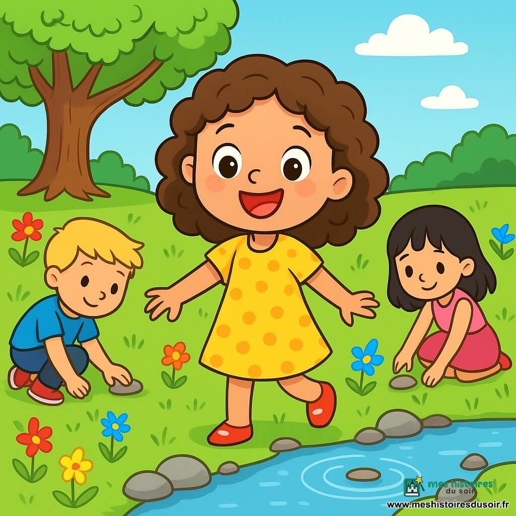 Une petite fille de 6 ans, Zoé, aux cheveux bruns et bouclés, porte une robe jaune à pois et des chaussures rouges. Elle sourit avec émerveillement au milieu d'une prairie verdoyante. À ses côtés, un garçon de 6 ans avec des cheveux blonds et un t-shirt bleu, et une fille de 5 ans avec des cheveux noirs et une jupe rose, ramassent des cailloux près d'un ruisseau. La prairie est parsemée de fleurs, avec un grand arbre en arrière-plan sous un ciel bleu clair. Zoé s'apprête à lancer un caillou dans l'eau, créant des cercles à la surface.