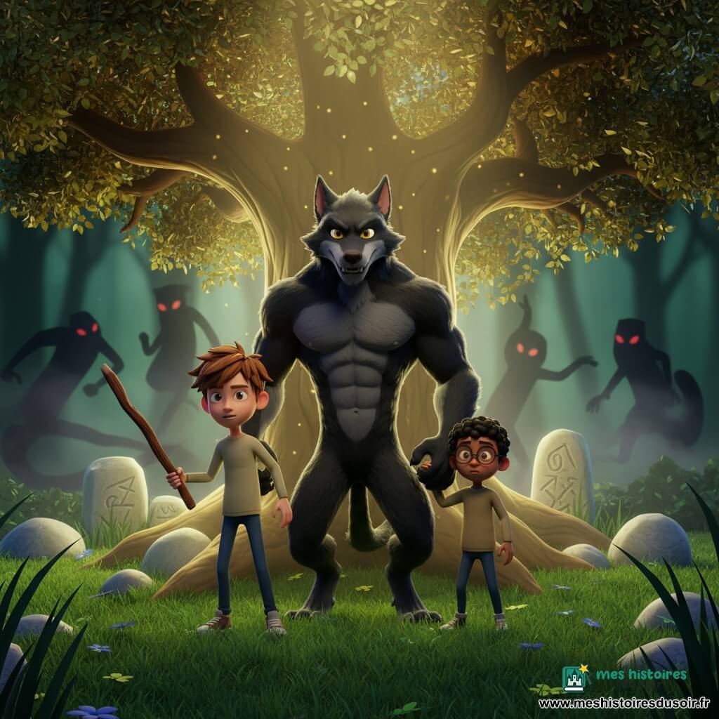 Un grand loup-garou gardien athlétique au pelage noir brillant et yeux dorés protecteur, debout sur ses pattes arrière, aux muscles visibles et sourire rassurant, aux côtés de Maxime (≈10 ans, cheveux châtains en bataille, tenant un bâton) et Lucas (≈10 ans, petit, lunettes, inquiet mais résolu, tenant la main de Maxime), tous devant un énorme arbre à tronc large et feuilles dorées scintillantes dans une clairière éclairée doucement, herbe avec fleurs luminescentes et pierres gravées, des ombres aux yeux rouges et brume légère reculant, palette vert/doré chaude contre noir/violet des ombres, rendu 3D cartoon cel-shading, contours nets et expressions enfantines, composition centrée sur l'arbre et le trio.
