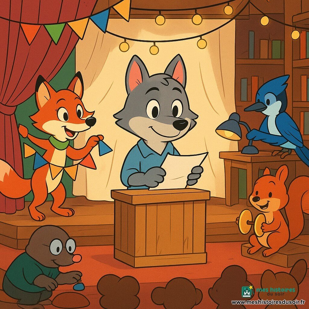 Lino, petit loup gris aux yeux doux, timide mais fier, tient des feuilles pliées et parle derrière un pupitre improvisé en caisse en bois, posture droite et oreilles rosées ; Lila, renarde rousse, souriante, ajuste une guirlande en papier près du rideau à gauche ; Basile, écureuil roux-noisette, joue des clochettes assis à droite, joyeux et concentré ; Piko, geai bleu, règle une rangée de lampes, sérieux ; Mina, taupe ronde à lunettes, ramasse un accessoire près des coulisses, discrète. La bibliothèque est transformée en salle de spectacle avec étagères repoussées, tapis roulés, chaises en bois, grand drap en rideau, guirlandes colorées et lampes chaudes créant des zones de lumière dorée ; Lino est en pleine narration, public d’enfants animaux assis en arrière-plan légèrement flou, ambiance chaleureuse, couleurs saturées, contours nets, esthétique douce avec textures de papier visibles.