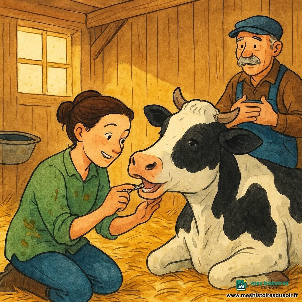 Lucie, femme adulte aux cheveux bruns en chignon, blouse verte tachée, est agenouillée près de Marguerite, une grande vache blanche tachetée de noir, et lui examine doucement la bouche avec un petit instrument; Monsieur Lambert, homme d'environ 60 ans au visage ridé et moustachu, casquette et bottes, se tient debout près de l'étable en bois clair, paille au sol, regardant soulagé, ambiance chaleureuse et paisible.