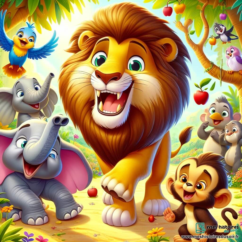 Léo, le lion majestueux, se tient au centre de la scène, avec une crinière dorée qui brille sous le soleil. Son visage rayonne de joie, avec un large sourire et des yeux pétillants d'excitation. Il rit aux éclats, entouré de ses amis. À sa droite, Émile, l’éléphant gris, jongle maladroitement avec des pommes, affichant une expression amusée. À sa gauche, Samba, le singe espiègle, fait des grimaces en grimpant sur une branche. La scène se déroule dans une clairière ensoleillée de la jungle de Flamouche, entourée d’arbres et de fleurs colorées. Léo et ses amis préparent le Grand Concours de Rire, partageant des blagues et créant une ambiance de camaraderie et de bonheur.