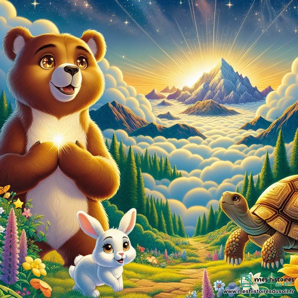 Au sommet de la montagne de l'Aube, Basil, un ours brun aux yeux curieux, se tient fier et déterminé, prêt à affronter l'esprit malicieux qui a volé les fleurs des rêves. À ses côtés, Lila, une lapine aux grandes oreilles, montre de l'inquiétude, observant son environnement avec une patte sur le cœur. Dune, une tortue sage, avance lentement, cherchant une solution à leur problème. Le décor est majestueux avec la montagne de l'Aube en arrière-plan et la forêt de Verdelune illuminée par le soleil. Basil et ses amis se préparent à affronter un nuage noir aux yeux vifs, illustrant leur courage et leur solidarité.